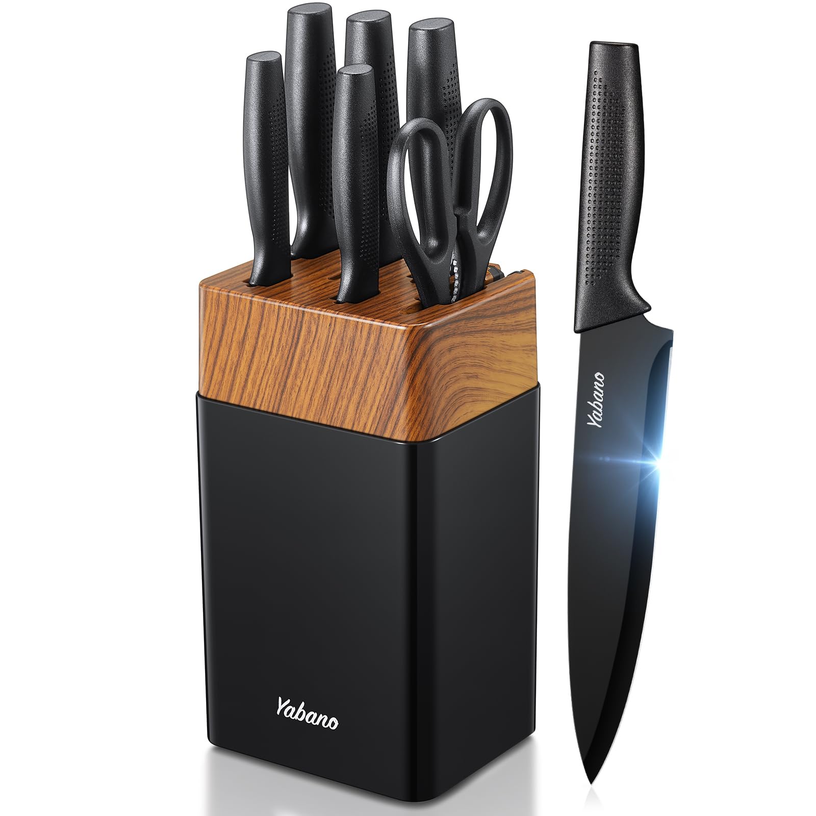 Yabano Knife Set, 7 Piece Kitchen Knives Set for Chef, Sharp Knife Set with Universal Plastic Knife Block, Anti-Rust Kitchen Knife Block Set with Built-in Sharpener (Black)
