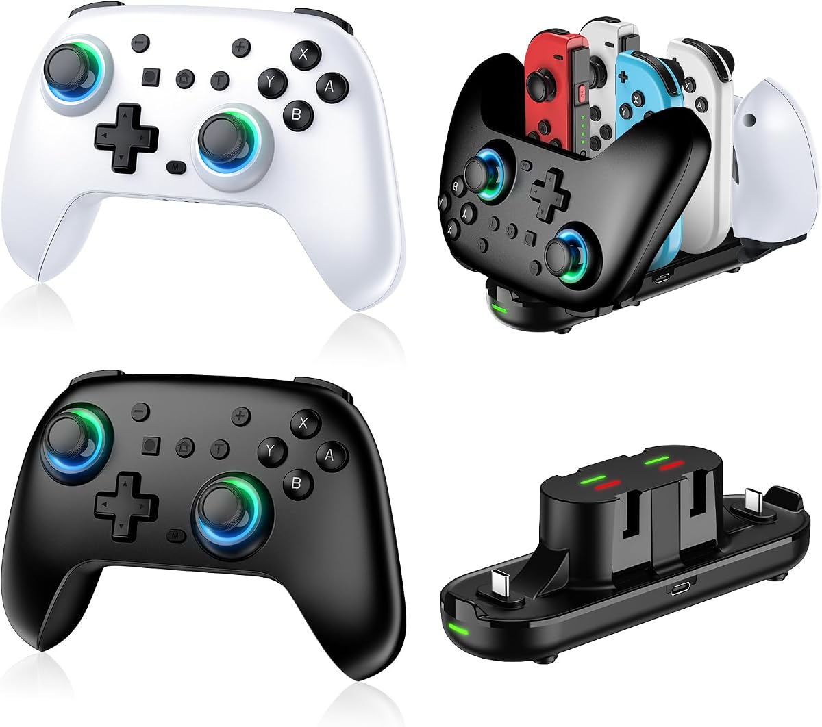 Pack de 2 mandos con base de carga, mando Switch 2 para Nintendo Switch/Switch 2/OLED/Lite, mando RGB Wireless Switch 2 Pro con despertador/giroscopio de 6 ejes/doble vibración/turbo/captura de pantalla