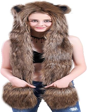 Animal Hood Hoods Furry Hoodie 3 in 1 Function Faux Fur Full Hood Hat Winter Warmer Cap Mittens Gloves Scarf Paws Ear