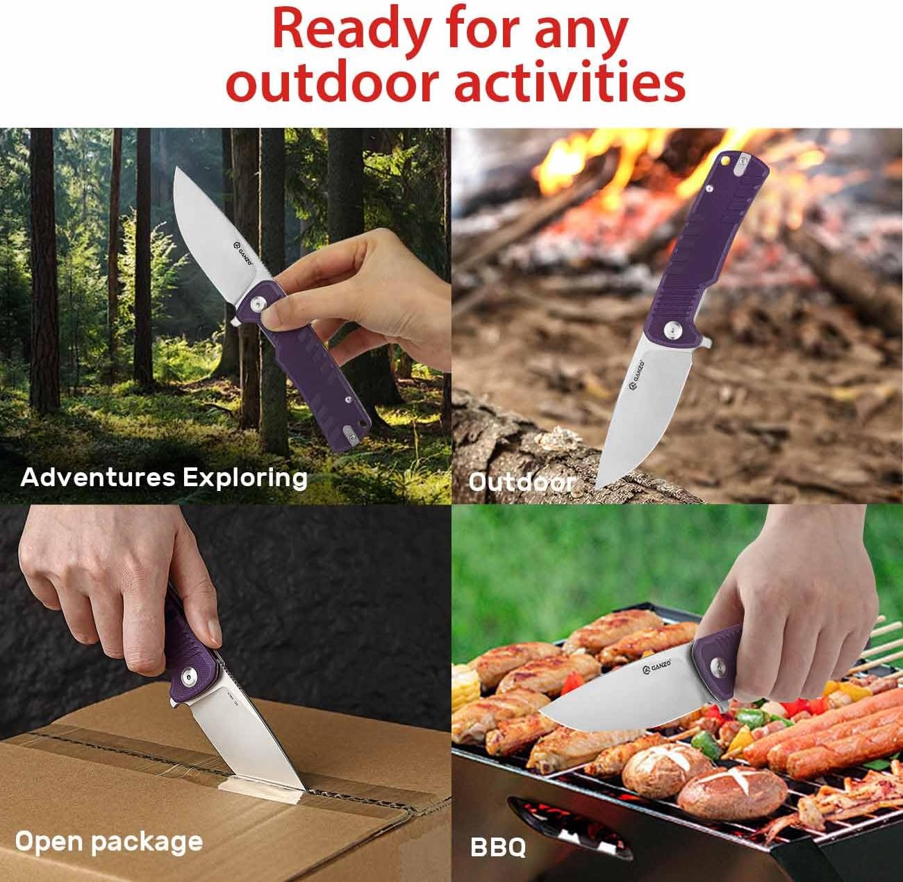 Firebird Ganzo G769-PL EDC Folding Pocket Knife Razor Sharp D2 Stainless Steel Blade G10 Handle with Clip Outdoor Pocket Knife Hunting Fishing Hiking Folder Best Gift for Men (Purple)