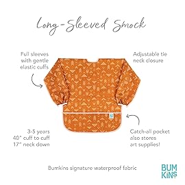 Bumkins Sleeved Smock, Toddler Reusable Waterproof Bib for Girls and Boys Ages 3-5 Years, Long Sleeve Childrens, Kids Paint Apron, Arts, Crafts and Play with Pocket, Soft Fabric, Boho Orange