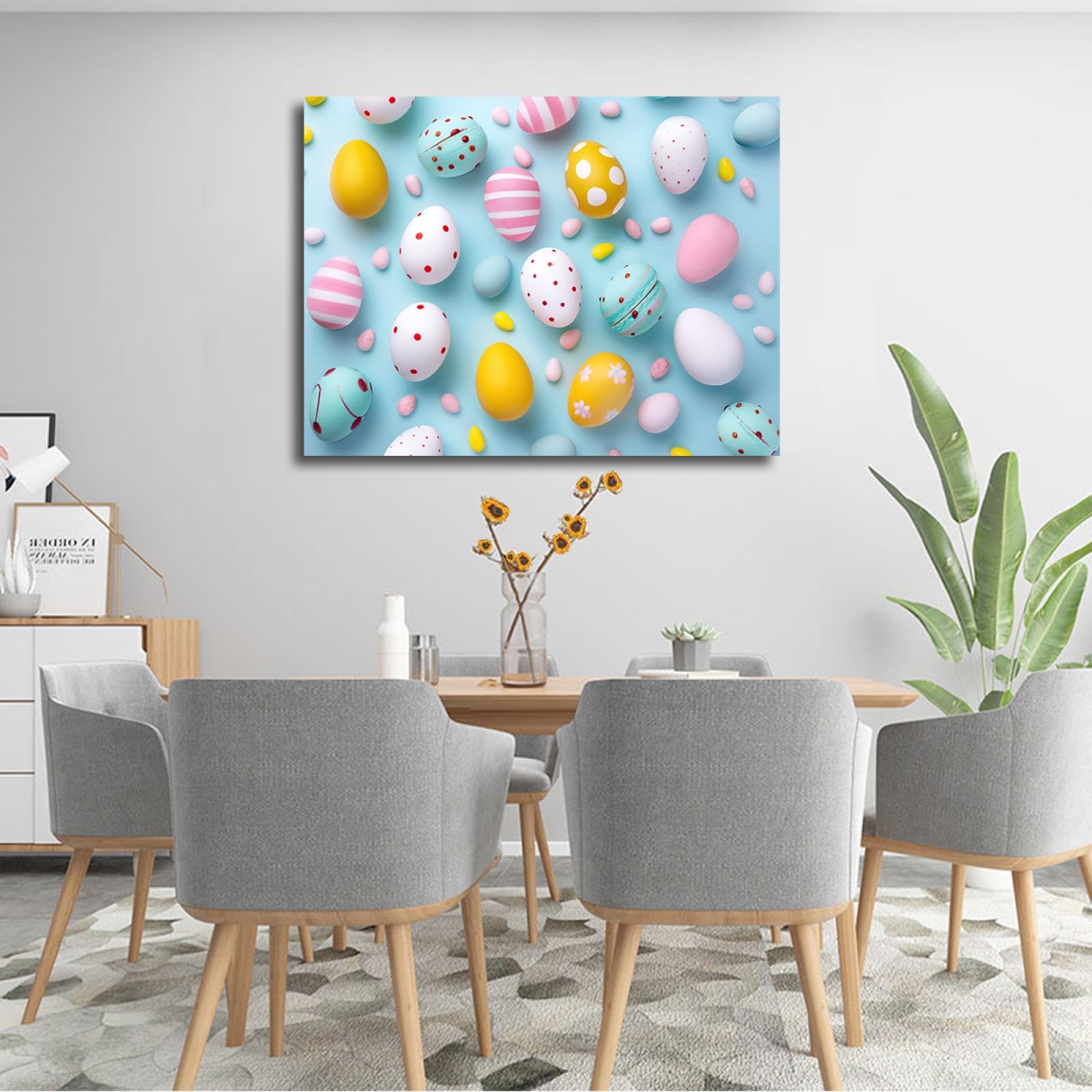 YUNART Ostern Home Decor Rahmen Schokolade Ostereier Leinwand Wand Kunstdruck Blau Macarons Poster Dessert Shop Wanddekoration bereit zum Aufhängen 70x90cm Innenrahmen