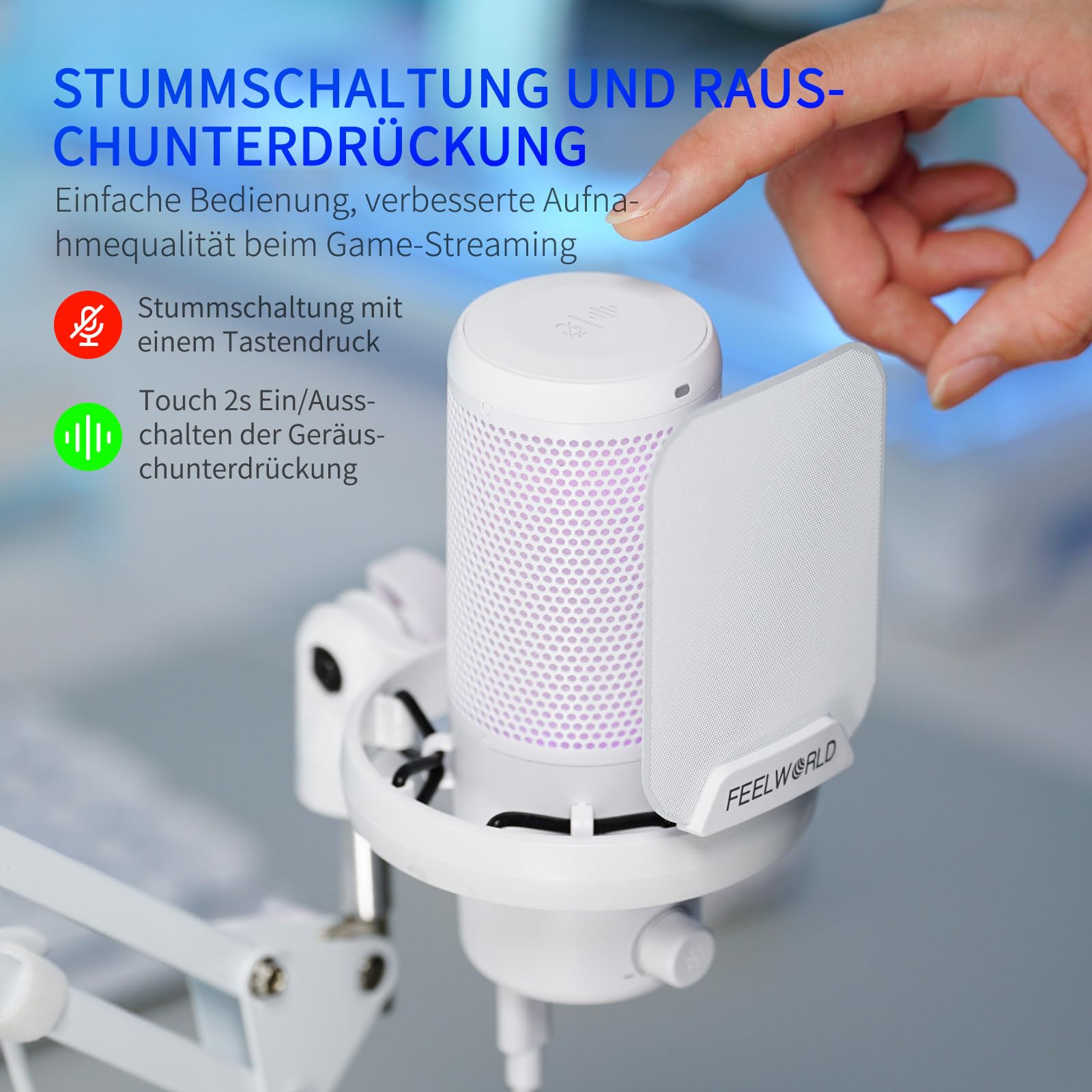 FEELWORLD VM1 USB-Gaming-Mikrofon mit Kragarmständer für die Aufnahme von Podcasts, Videospielen, Studio-PC-Mikrofon, weiß mit Nierencharakteristik, RGB-Beleuchtung, Anti-Spray-Mesh