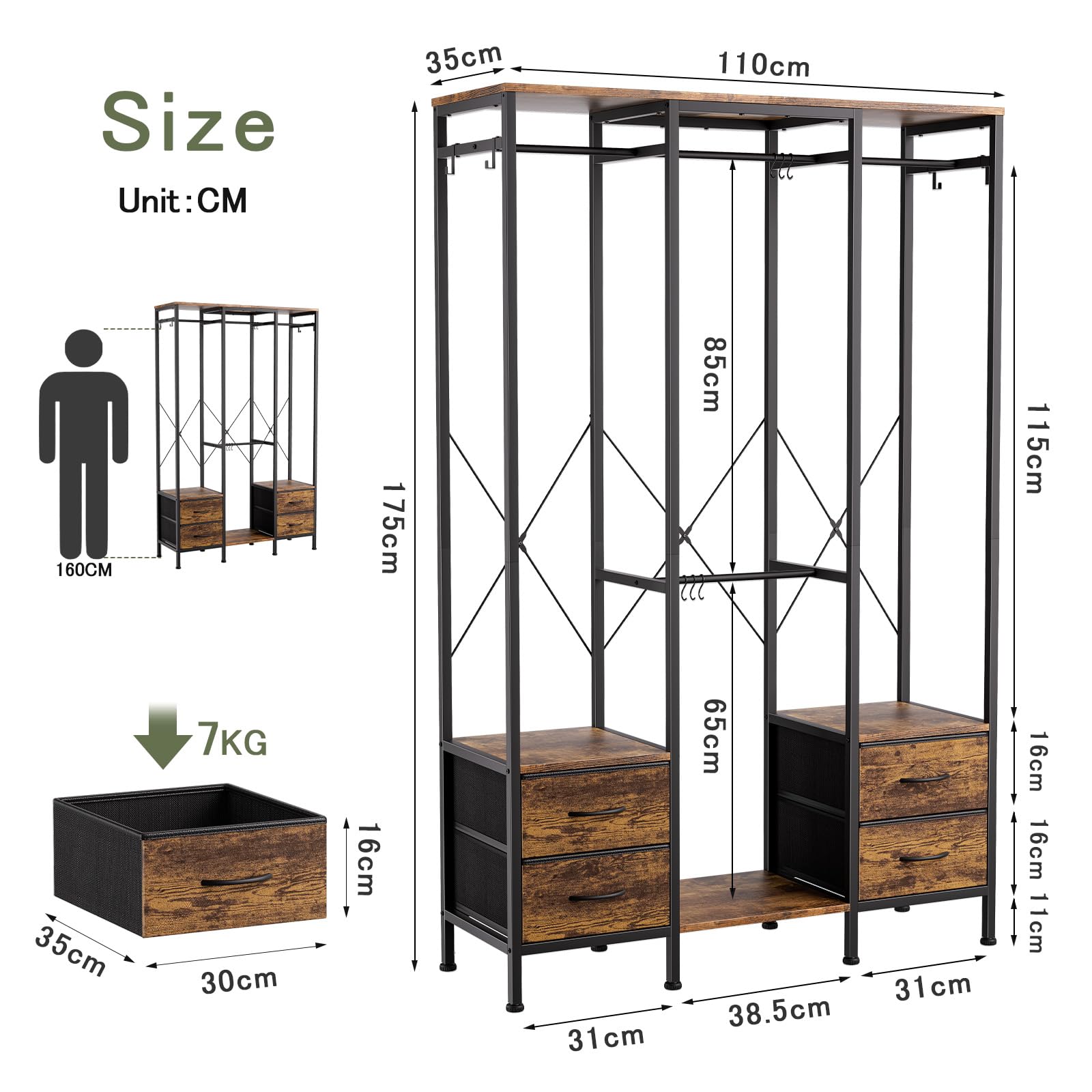 Portant vêtements Robuste，penderie avec 4 tiroirs Rangement，Noir | Matériaux écologiques，Montage facile，Structure panneaux et cadre métallique, robuste et durable，Grande capacité de rangement