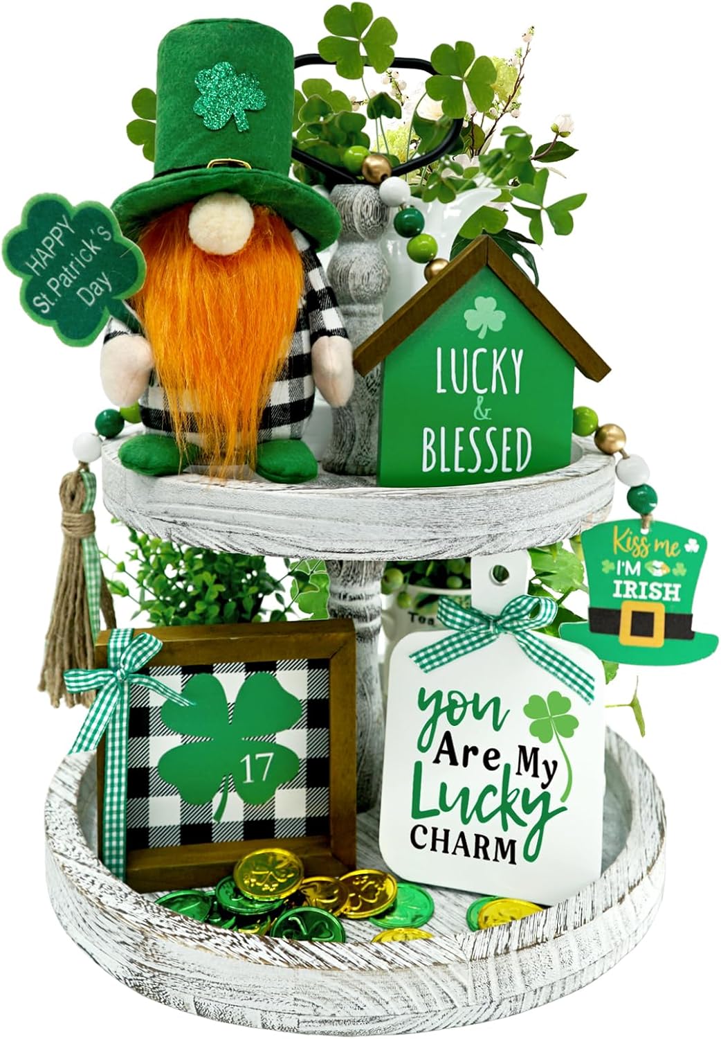 CRCZK St. Patrick's Day Decor Set 5pcs Gnome Tiered Tray Decor Shamrock Wood Signs Buffalo Plaid Gnomes Plush Saint Patrick Bead Garland Ideal for Home Kitchen Table Festive Decorations