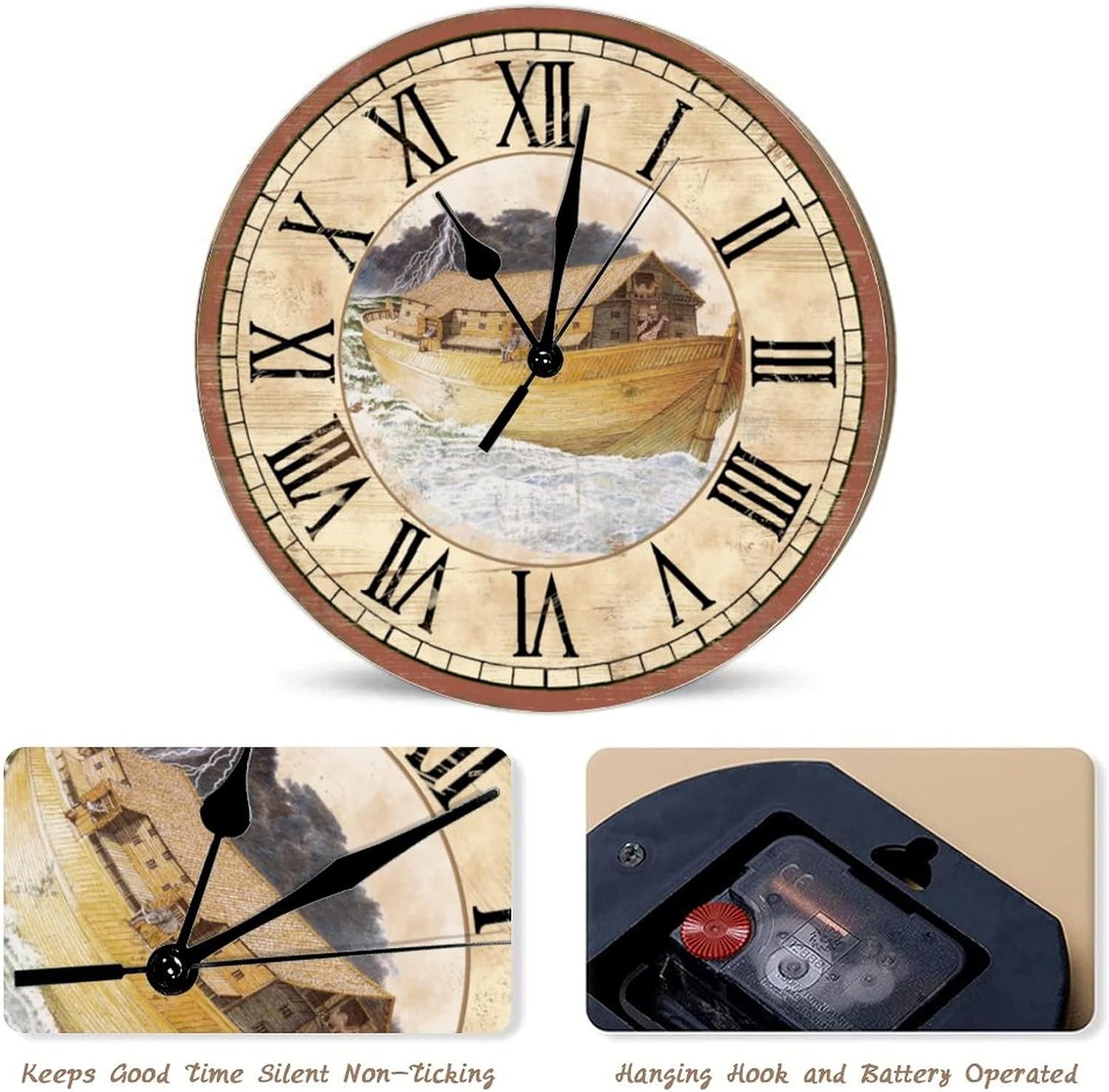 Vintage Nautical Sailing Boat Clock Summer Beach Nautical Sailboat Wooden Clock Rustic Beach House Decor 15inch Round Clock Battery Non Ticking Silent Decorative Wall Clocks for Laundry Room