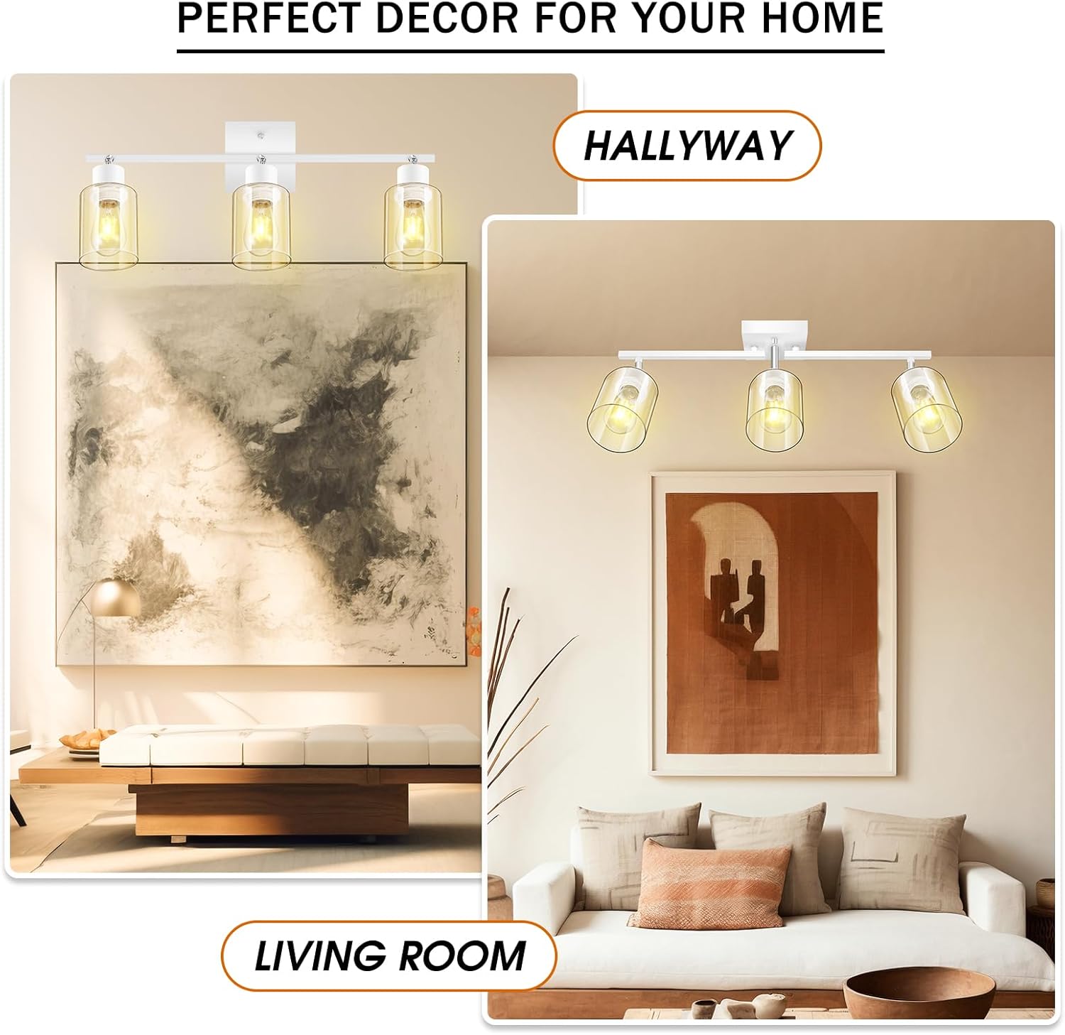 Track Lighting Kit, Track Lighting Fixtures Ceiling Kitchen, 23" White 3-Light Ceiling Spotlight with Clear Glass Shade, Rotatable Track Head, White Wall Lamp for Island, Vanity(E26 Base, No Bulb)