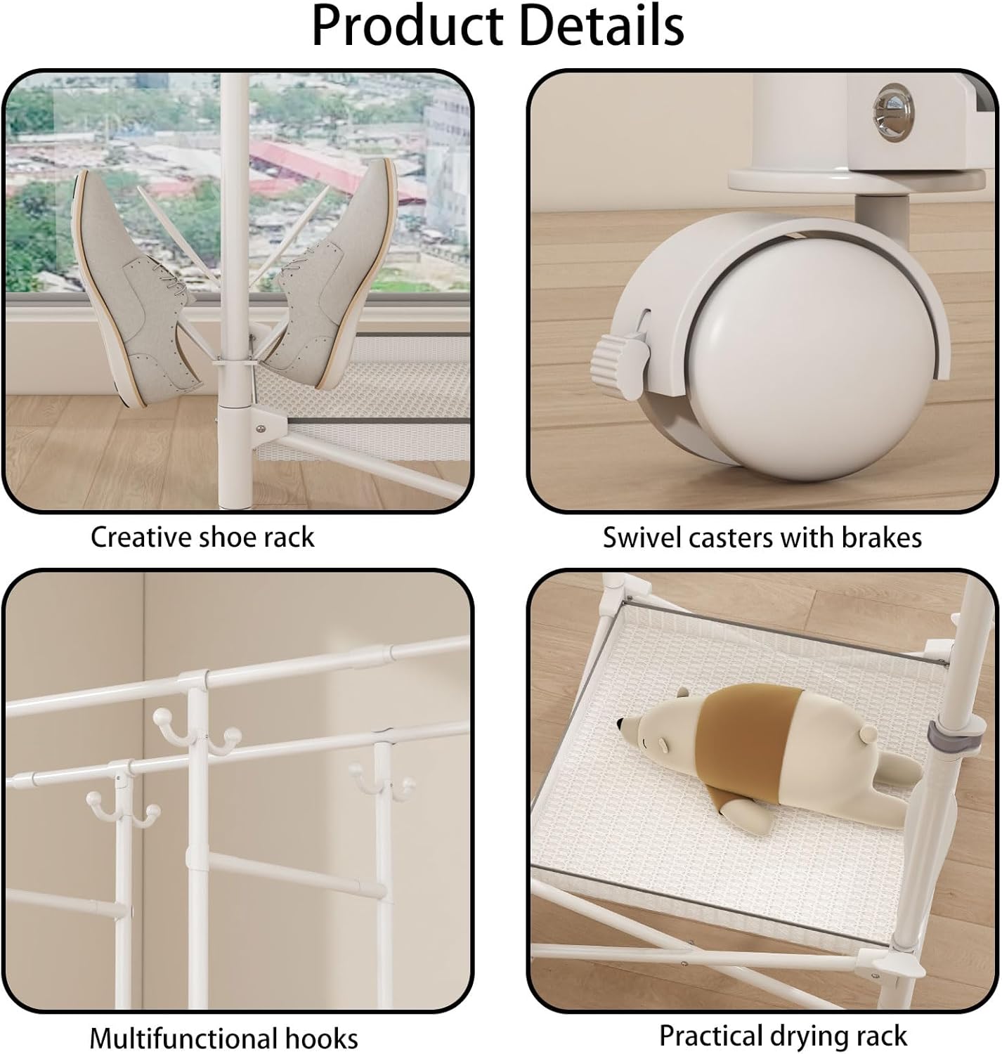 Portable Foldable Clothes Drying Rack - Adjustable Double Extendable Rods (33.1” to 56.7”) - Easy No-Assembly Space-Saving Design with Free-Standing Wheels -Suitable for multiple scenarios (White)
