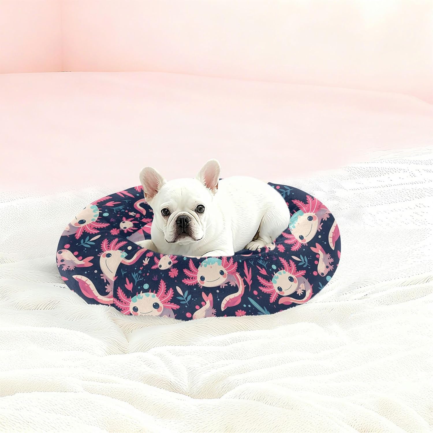 Pet Dog Beds Donut Cuddler Fluffy Dog Pillow Bed for Medium Size Pets Supplies M Cartoon Kawaii-Style Axolotl with Dots