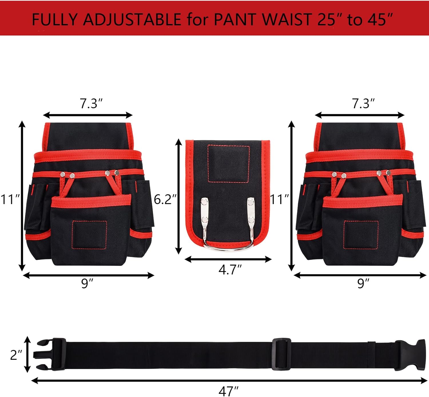 Hedume Tool Belt, Magnetic Tool Pouch, 26 Pockets Heavy Duty Detachable & Adjustable Utility Tool Pouch Bag for Men for Electrician, Carpenter, Construction, Black, Red