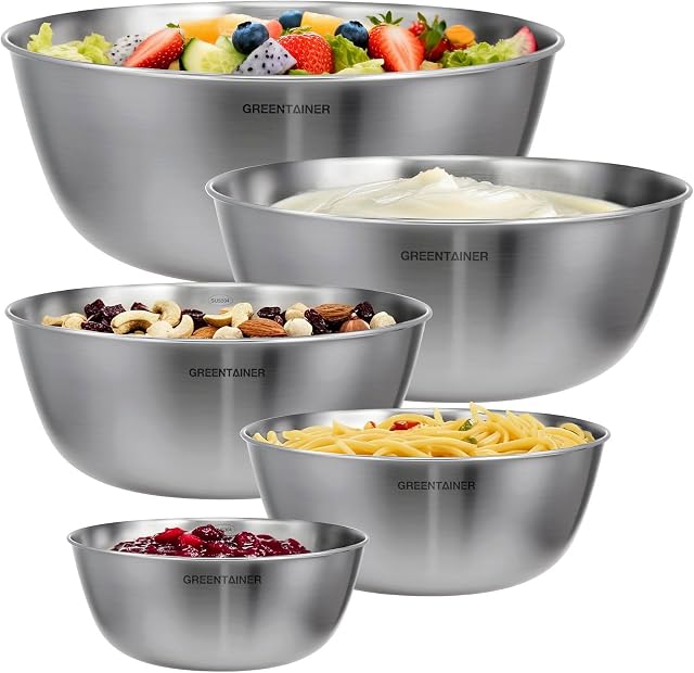 5-Piece Stainless Steel Mixing Bowls Set for Kitchen, Nesting Bowls for Mixing, Baking, Prepping, Cooking and Serving Food, Metal Mixing Bowls Dishwasher Safe (5)