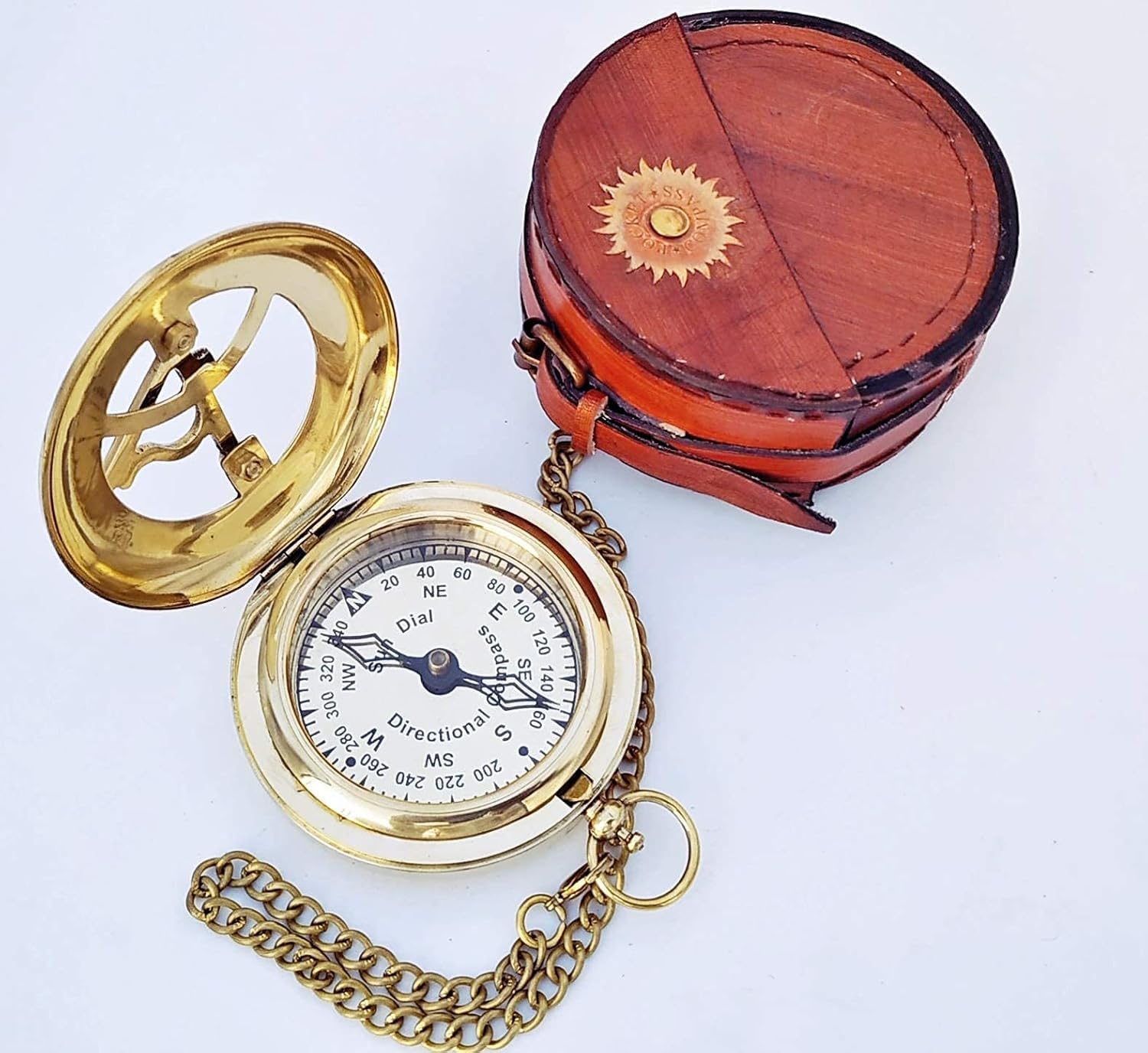 Vintage Brass Sundial Compass with Leather Case – Antique Maritime Navigation Compass with Chain – Fully Functional Compass for Outdoor, Nautical Decor, Collectors & Gifts