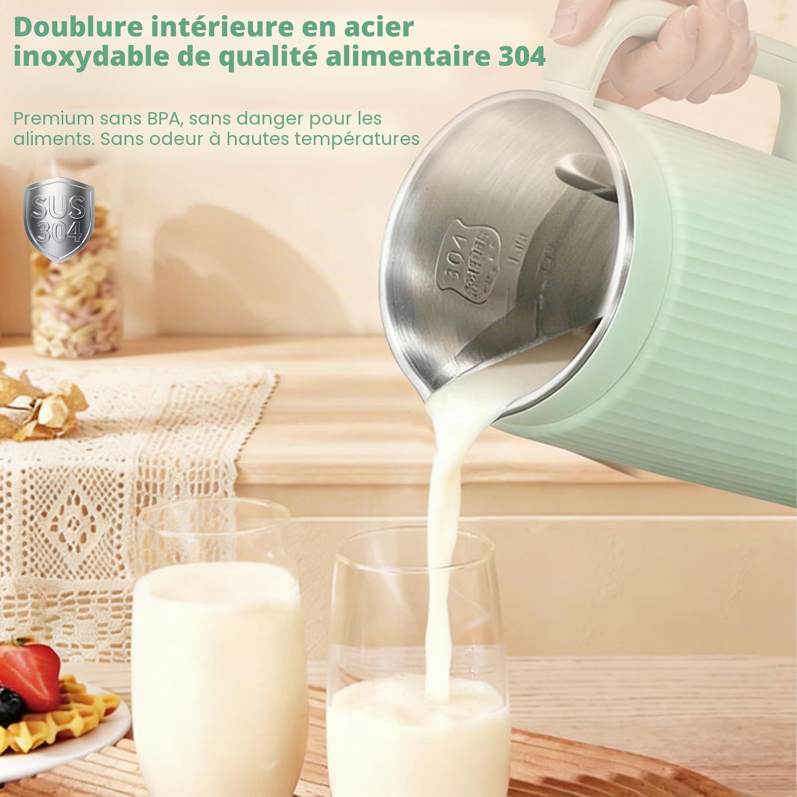 Machine à lait de soja 8 en 1 - 1200 ml - Machine à lait d'amande automatique avec 12 lames pour lait végétal fait maison, avoine, soja - 12 lames avec minuterie, fonction de maintien au chaud (vert)