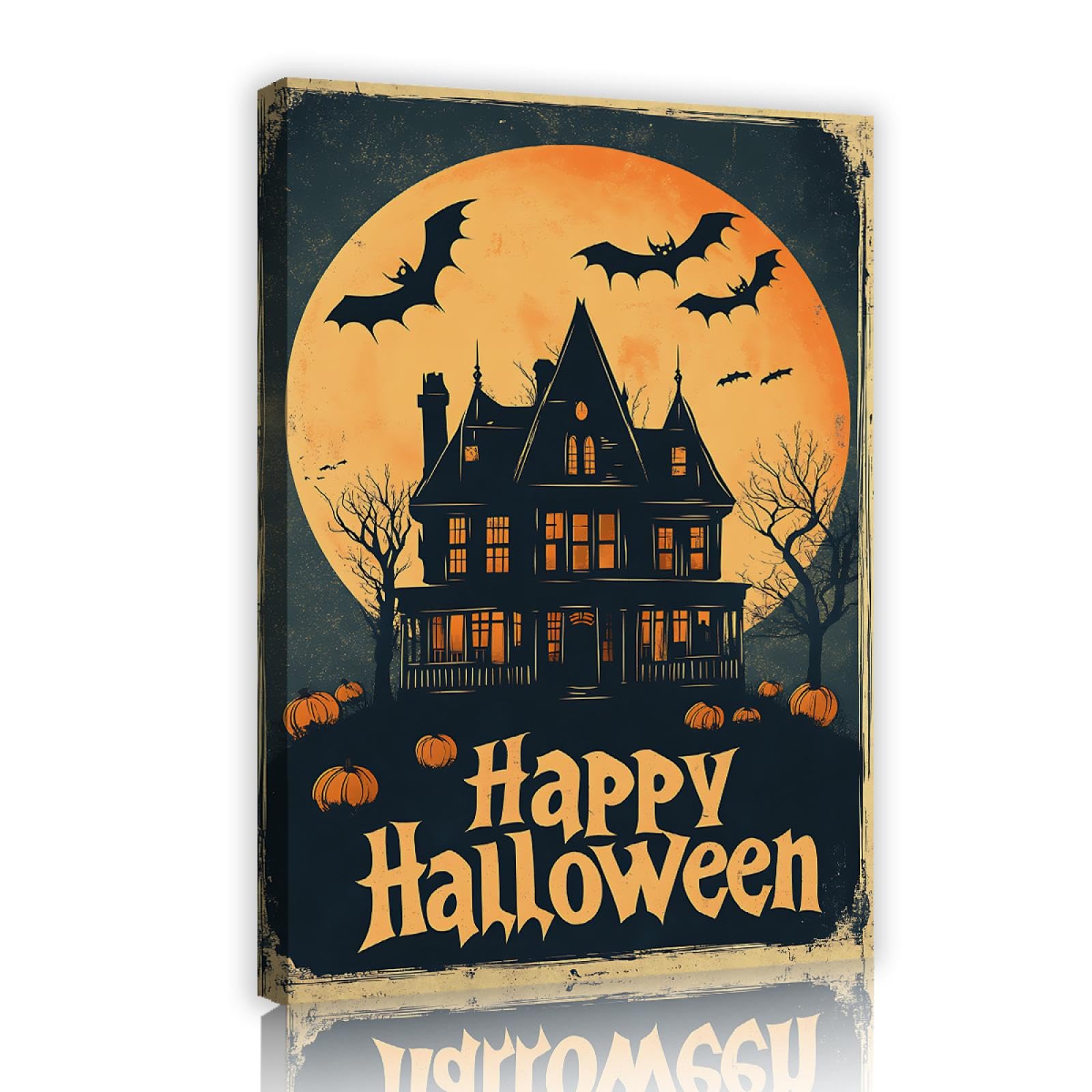 YUNART Decorazioni Halloween felice arte murale luna piena pipistrello poster Halloween castello gotico vintage arte su tela decorazione horror soggiorno 45x68cm Cadre intérieur