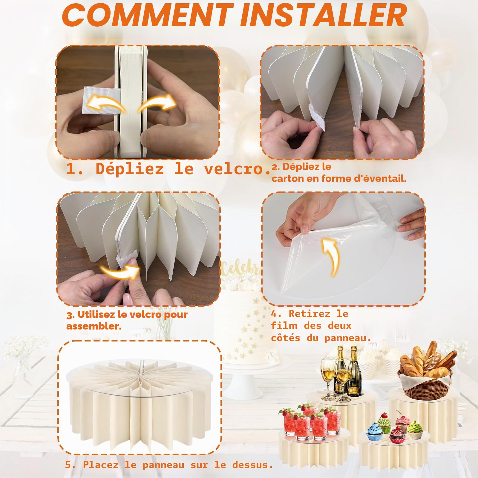 Lot de 6 Presentoir Aperitif Buffet Pliable, Presentoir Gateau 3 Tailles | Rehausseurs de Buffet, Support Gateau en Acrylique et en Carton pour Traiteur, Desserts, Figurines, Bijoux, Mariages