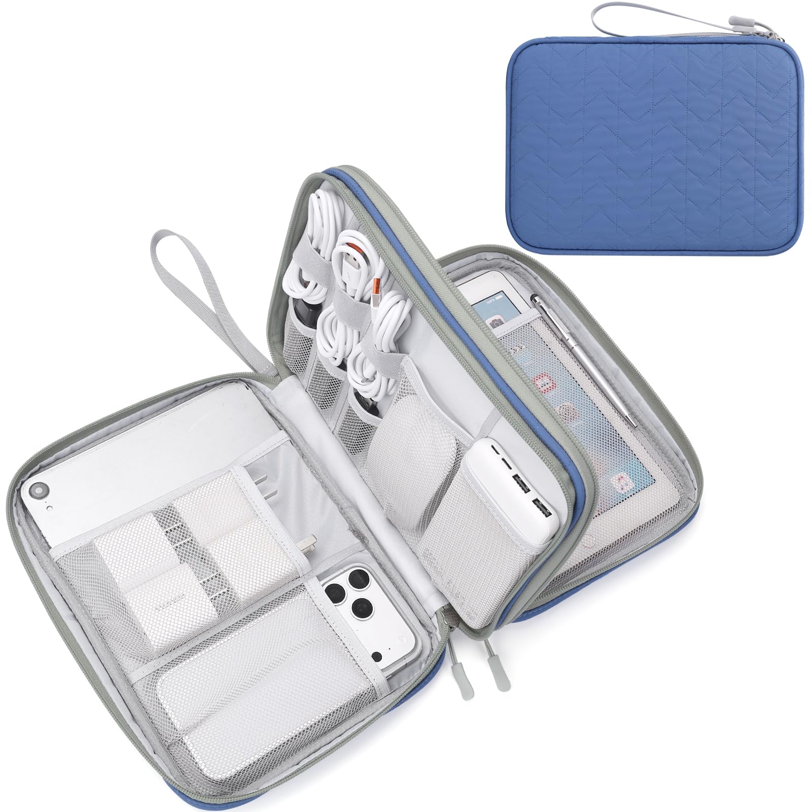 FYY Electronic Organizer, Travel Tech Pouch Bag, Extra Large, Blue Quilted