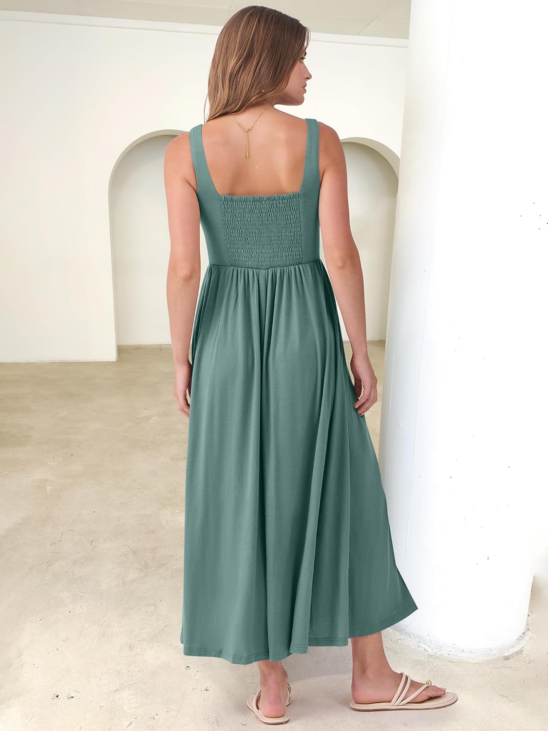 ANRABESS Sundresses for Women 2025 Summer Casual Sleeveless Square Neck Smocked Flowy Beach Vacation Midi Dress with Pockets - Image 5