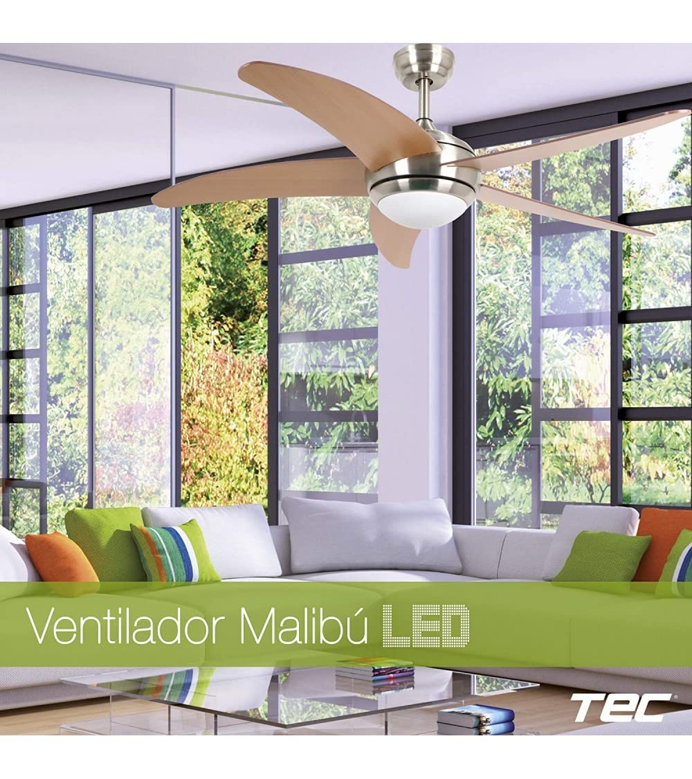 Bastilipo - Malibú NIQUEL 3 LED - Ventilador de techo con mando a distancia y luz LED - 5 Palas reversibles - 132 cm - Color Nogal + Haya