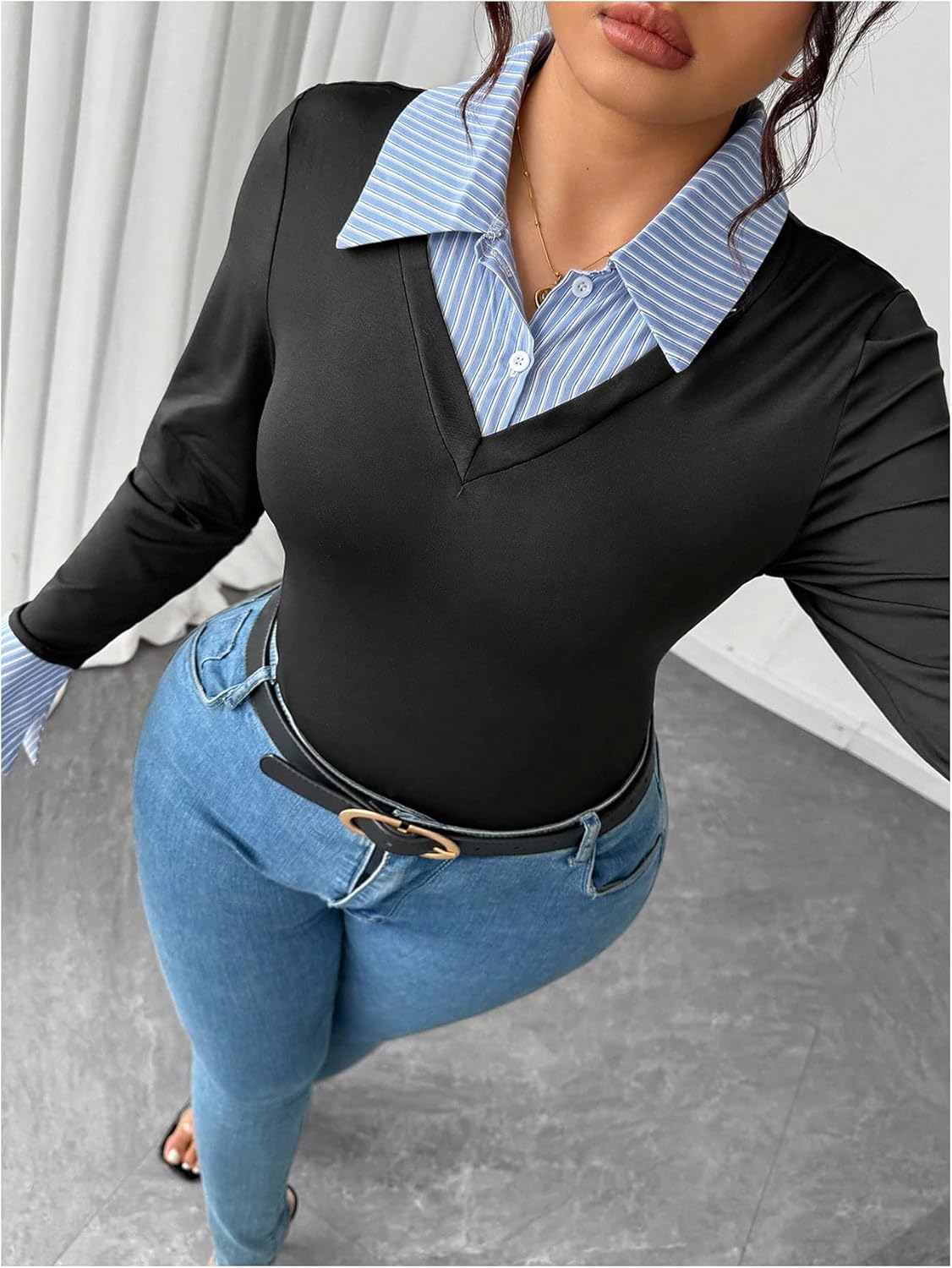 Floerns Women's Plus Size Striped 2 in 1 Long Sleeve T Shirts Button Down Dressy Casual Tops - Image 4