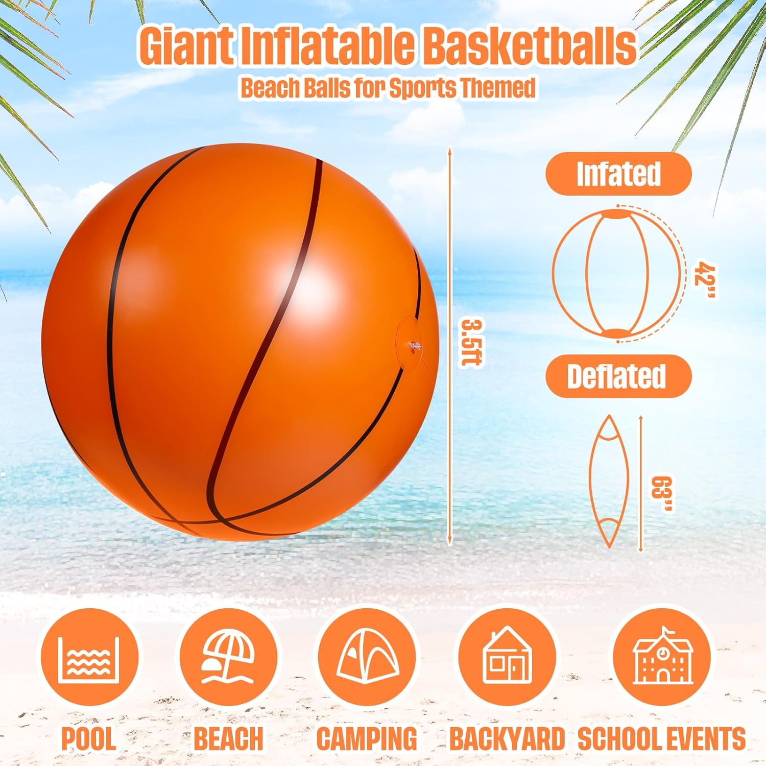 Tanlade 4 Pcs 42 Inch Giant Basketball Glitter Inflatable Beach Ball Large Jumbo Beach Pool Ball for Outdoor Activity Summer Birthday Water Game Toys Sports Themed Party Favors Decoration(Basketball) image 2 of 6 B0CTH36NQL