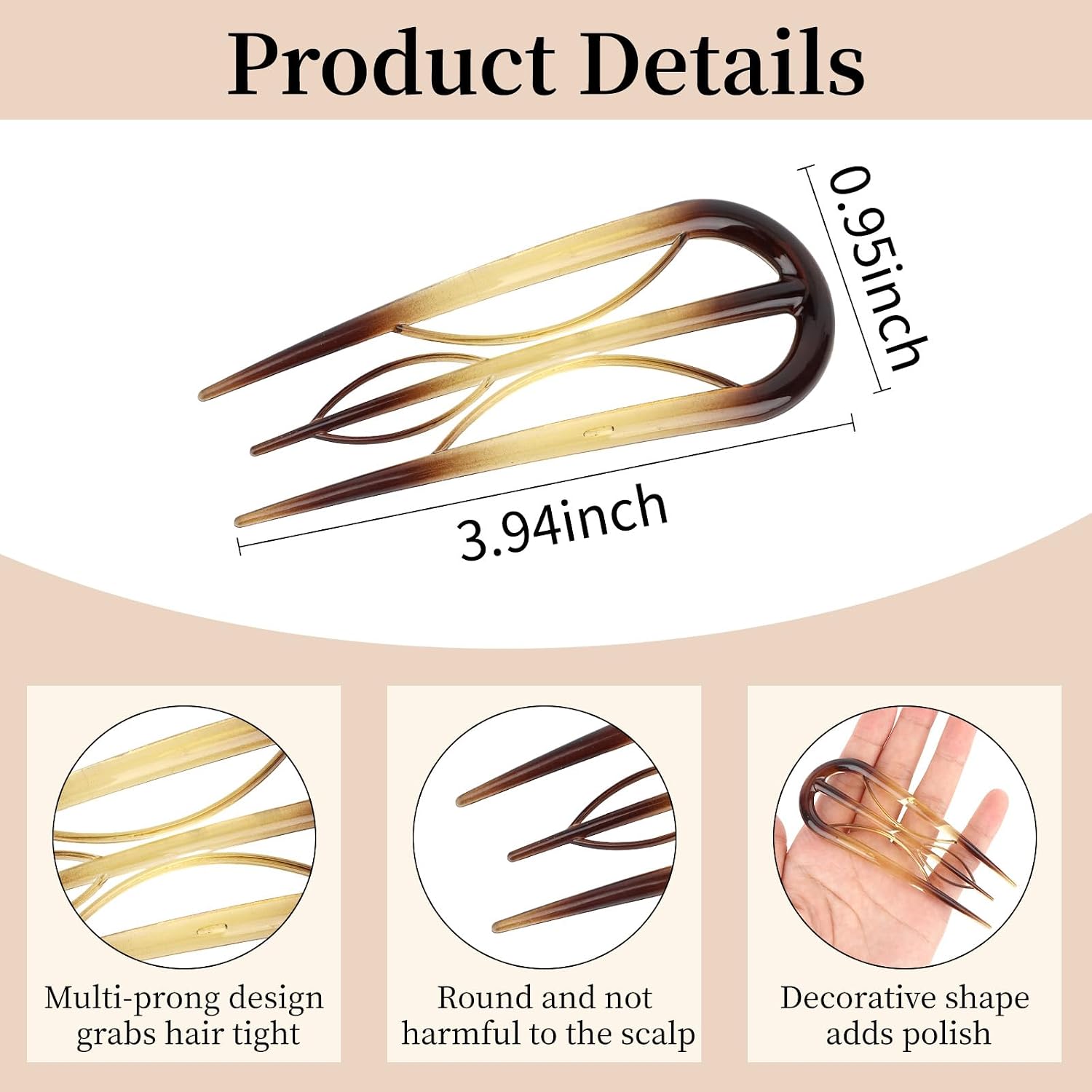 8 Pack French Hair Pins for Women, U Shaped Bobby Pins Hair Forks for Buns Updos Internal Teeth No Slip French Twist Tool Decorative Hairpin for Thin/Thick Hair