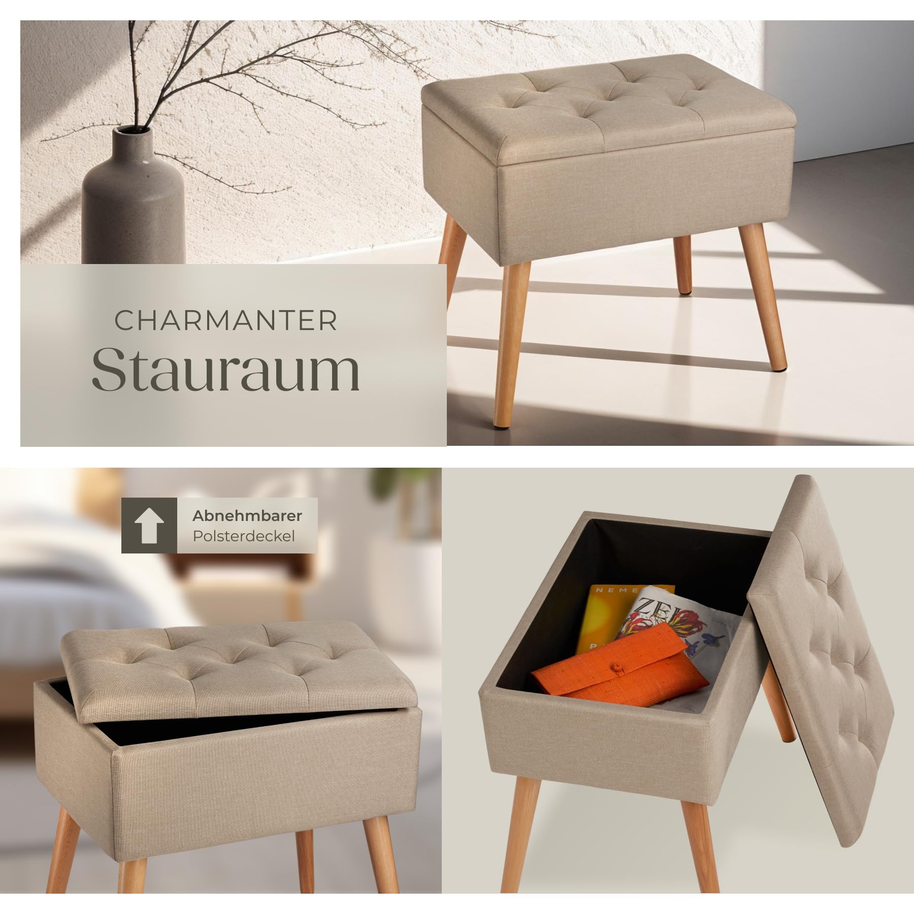 tectake® Hocker mit Stauraum, Sitzhocker mit Stauraum, Aufbewahrungsbox mit Deckel, Fußhocker in Leinenoptik, Hocker Holz Beine, als Sitzbank Flur, im Wohnzimmer oder Schlafzimmer - Sand