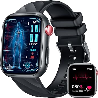 EKG HRVV Smartwatch Men's Heart Rate Blood Pressure 1.97 Inch AMOLED Touch Black Health Watch with EGGG Sleep Monitor Pedometer Phone Function Blood Oxygen Sports Watch Fitness Watch iOS Android