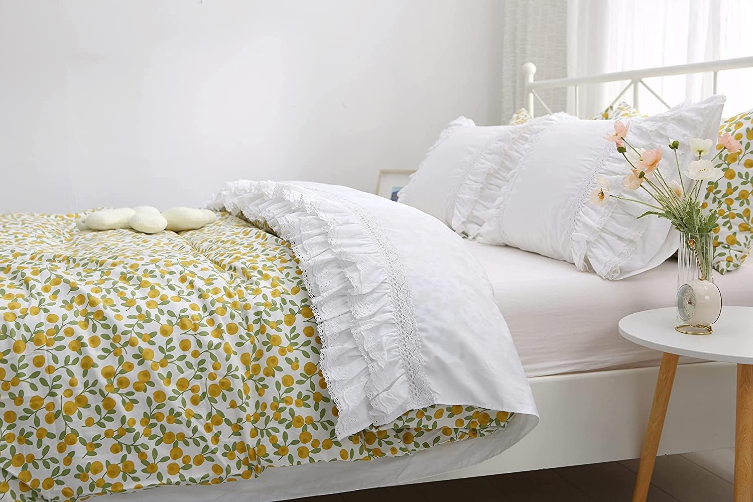 White Luxury Elegant Lace Bed Flat Sheet with Ruffles Bed Top Sheet Full Size 100% Cotton 1 Piece