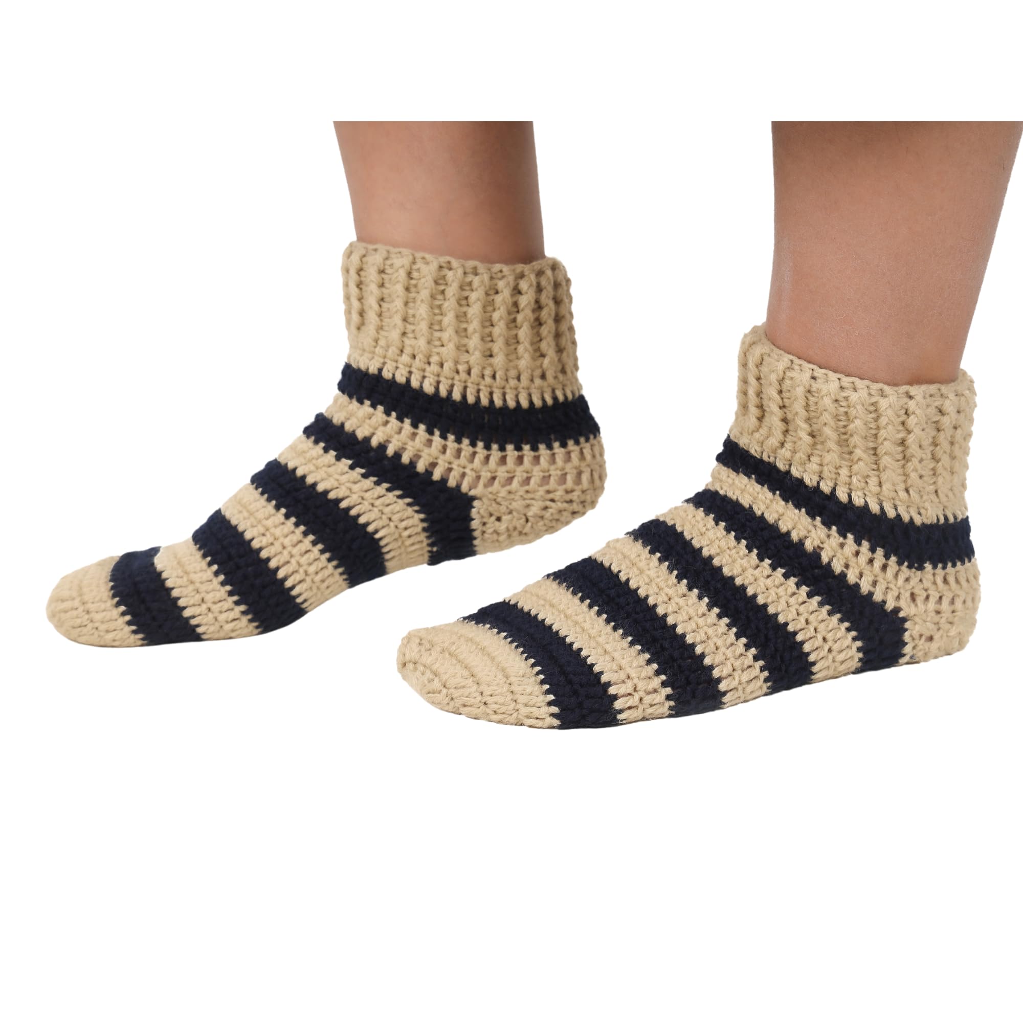 kreatknit Handmade Woolen Crochet/Knitted Ankle Length Socks for Women | Beige & Black Color (1 Pair)-picture-15