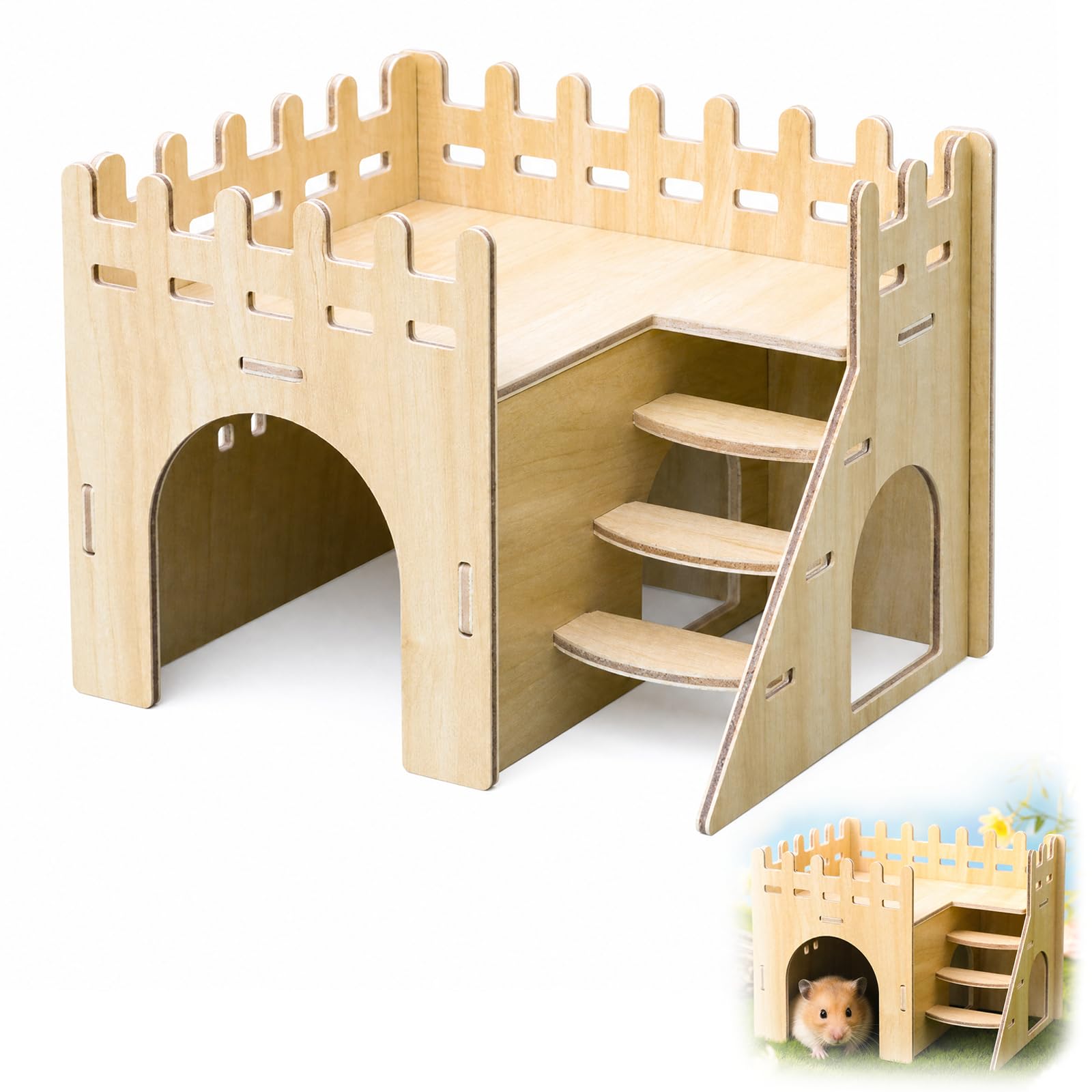Gdrghe Hamster House Wooden Hideout for Small Pets Multi Chamber Hide Castle Cage Accessories with Platform for Syrian Dwarf Hamsters Mice Gerbils Habitat Decor