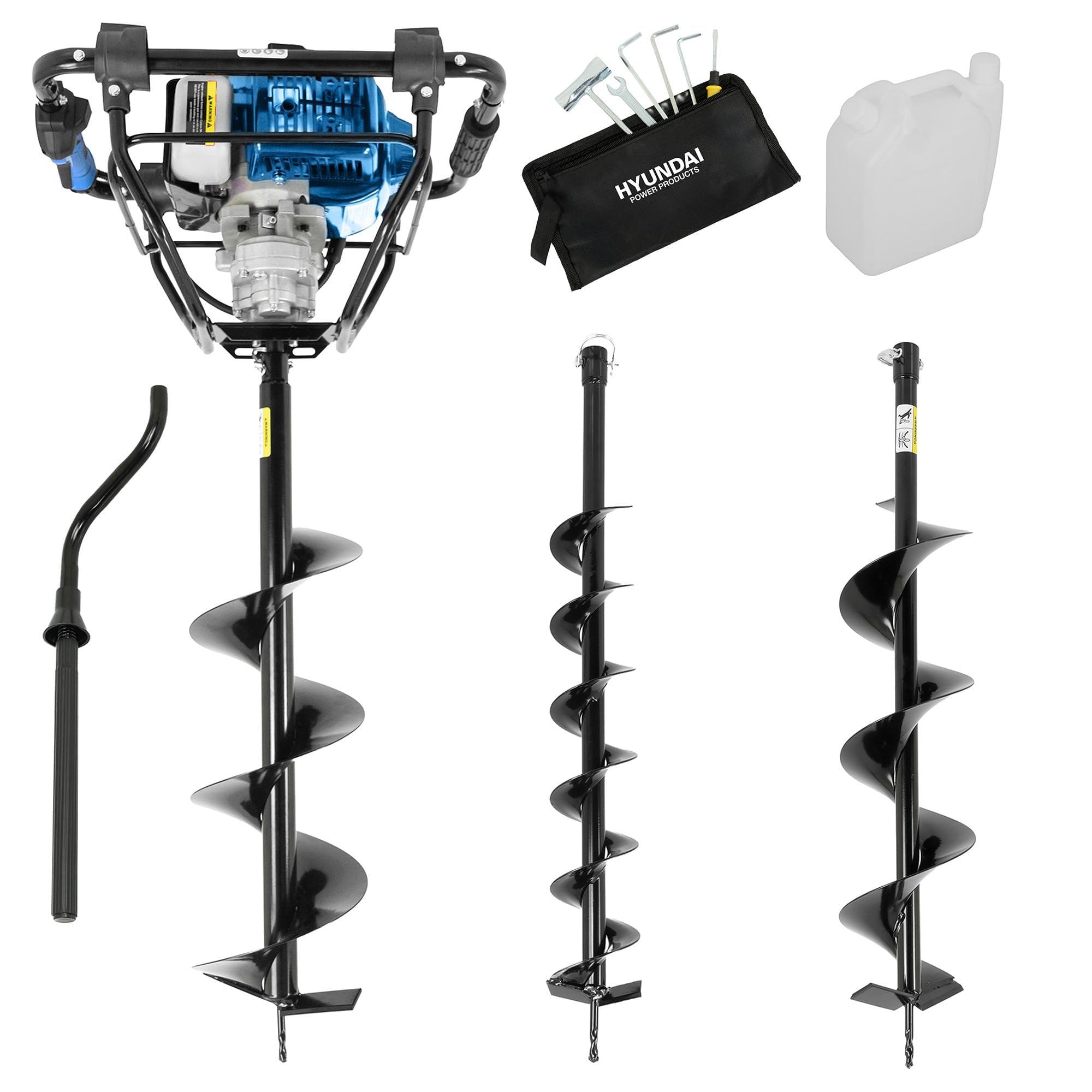 Hyundai Tarière Thermique à Essence 56 cm3 avec Frein de Sécurité, 3 Forets 100 mm, 150 mm et 200 mm Inclus, Poignées Anti-Vibrations, Garantie 3 Ans - HYEAB5600X