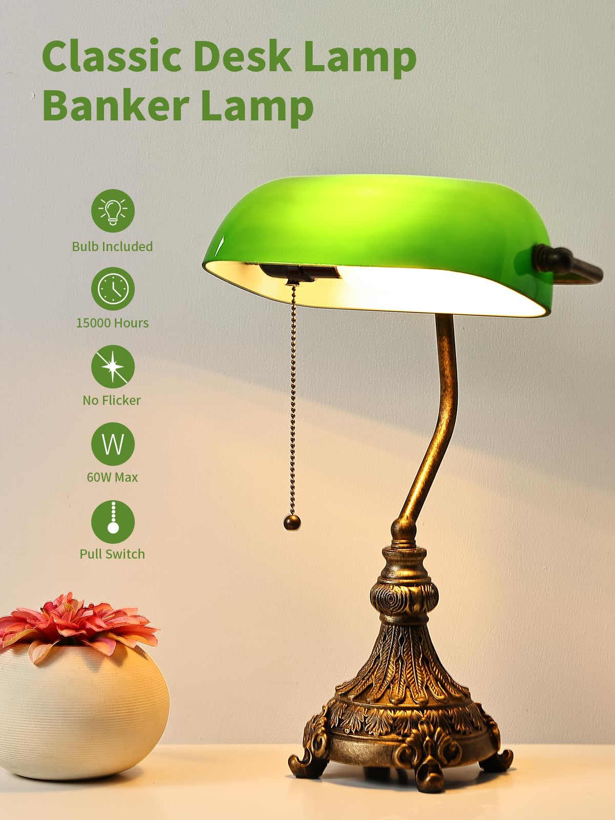 Lámpara de escritorio vintage de cristal verde para oficina en casa o biblioteca, con interruptor de cadena y enchufe, bombilla LED incluida.