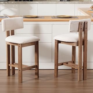 Ya-Home Vintage Wooden Tabures Set of 2, Linen Barstole Thick Cushion, Solid Wood Leg, Comfortable Tall Kitchen Chair for Bar, Beige