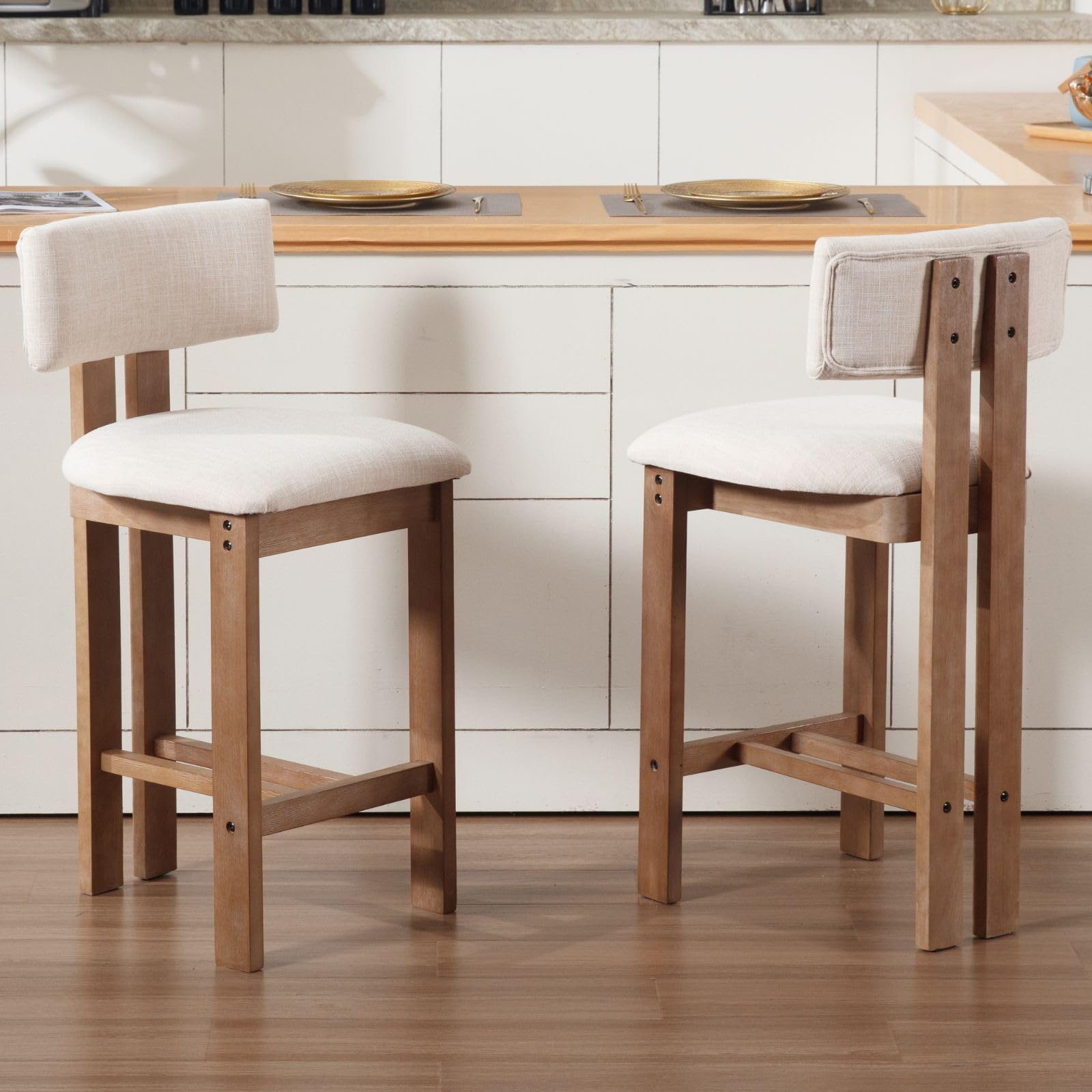 Ya-Home Bar Stools Set of 2 Comfort Padded Kitchen Counter Stools with Wooden Legs, Linen Bar Chairs for Home Kitchen, Beige