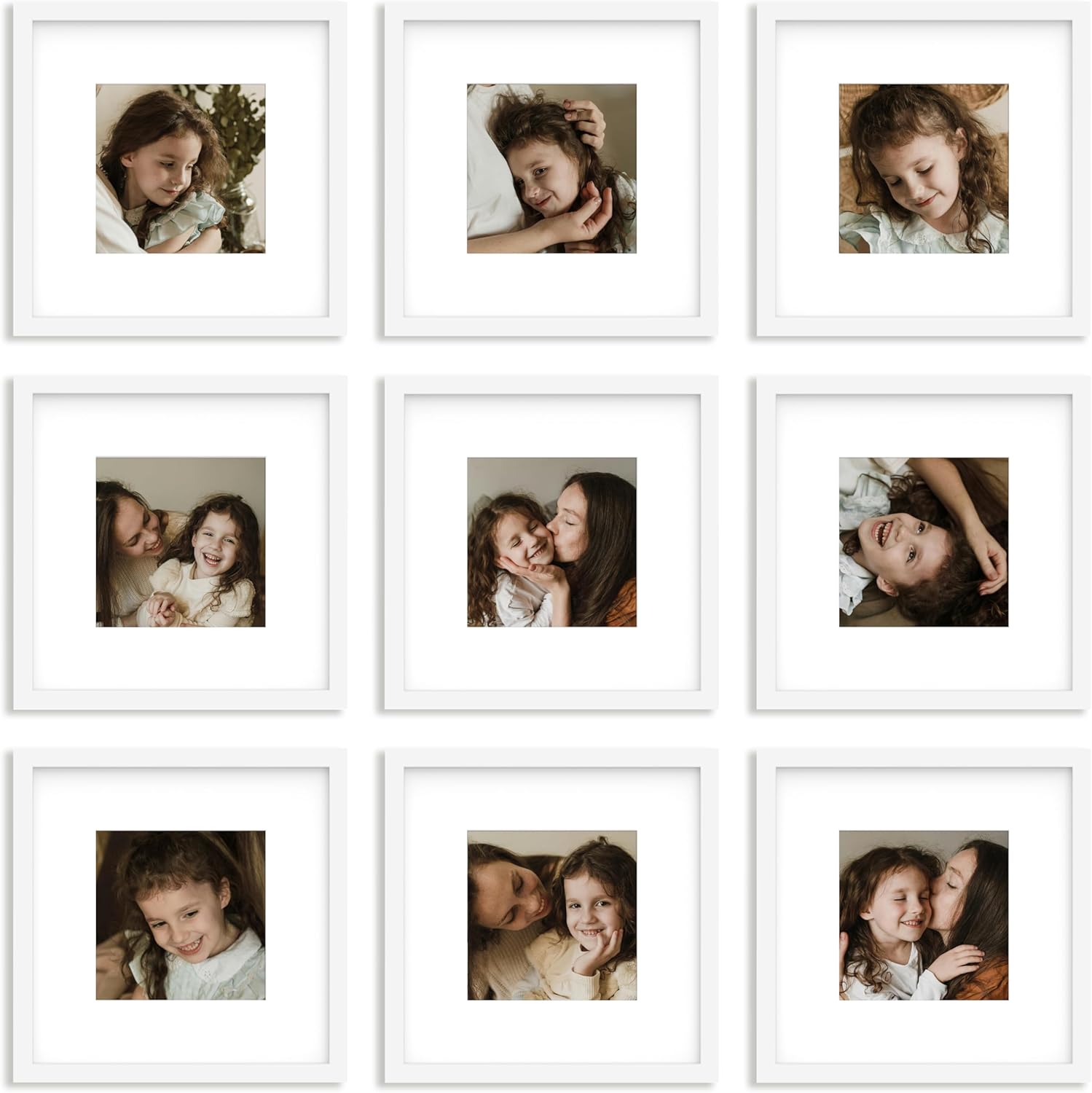An&He 10x10 Picture Frames Set of 9, Displays 6x6 with Mat or 10x10 Without Mat Photos, Square Collage Wall Decor for Gallery, Wall Decor, White