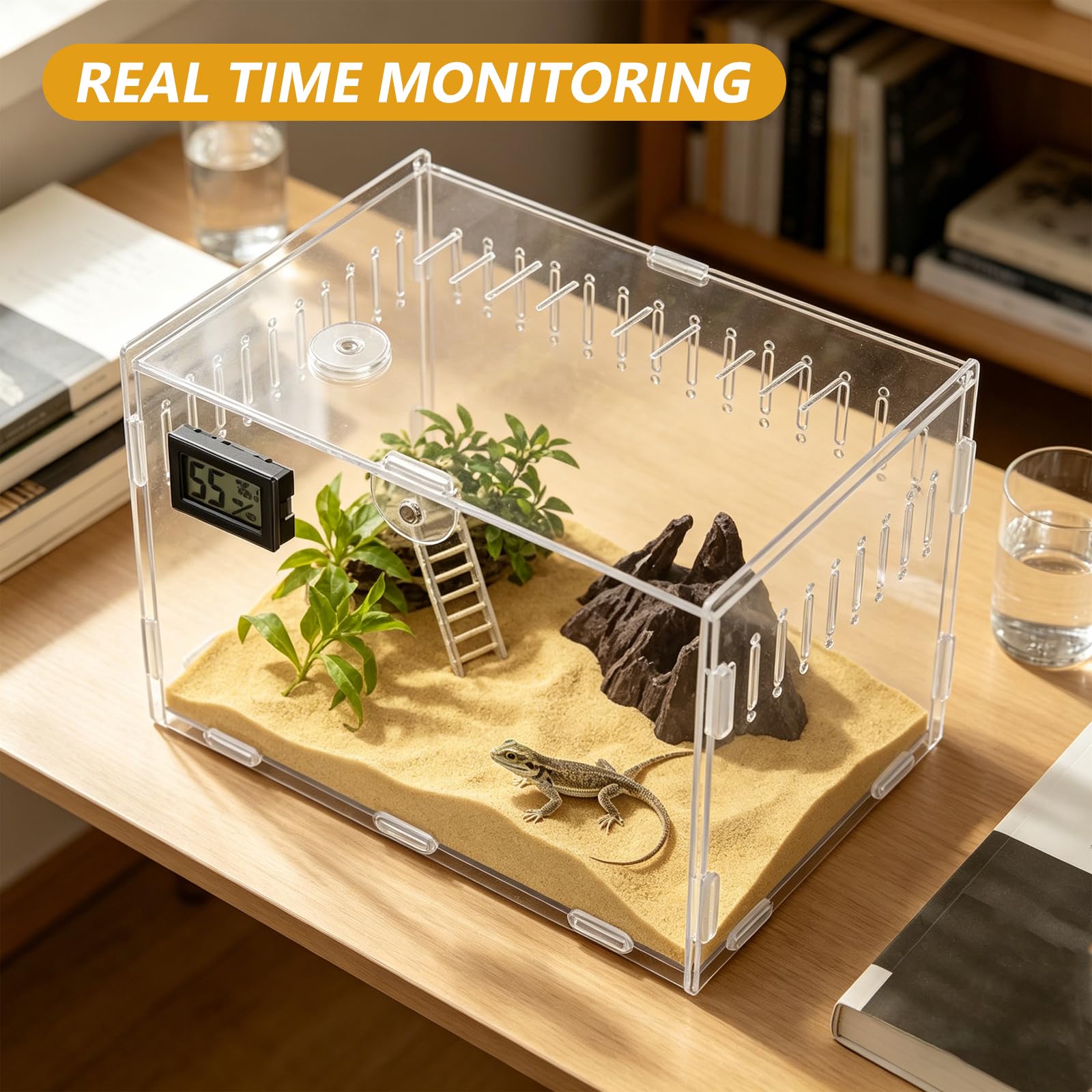 SUPVOX Terrario Ventilazione per per Rettili in Acrilico con Termometro e Igrometro e Fondo Rimovibile, per Allevatori di Lucertole e Rettili