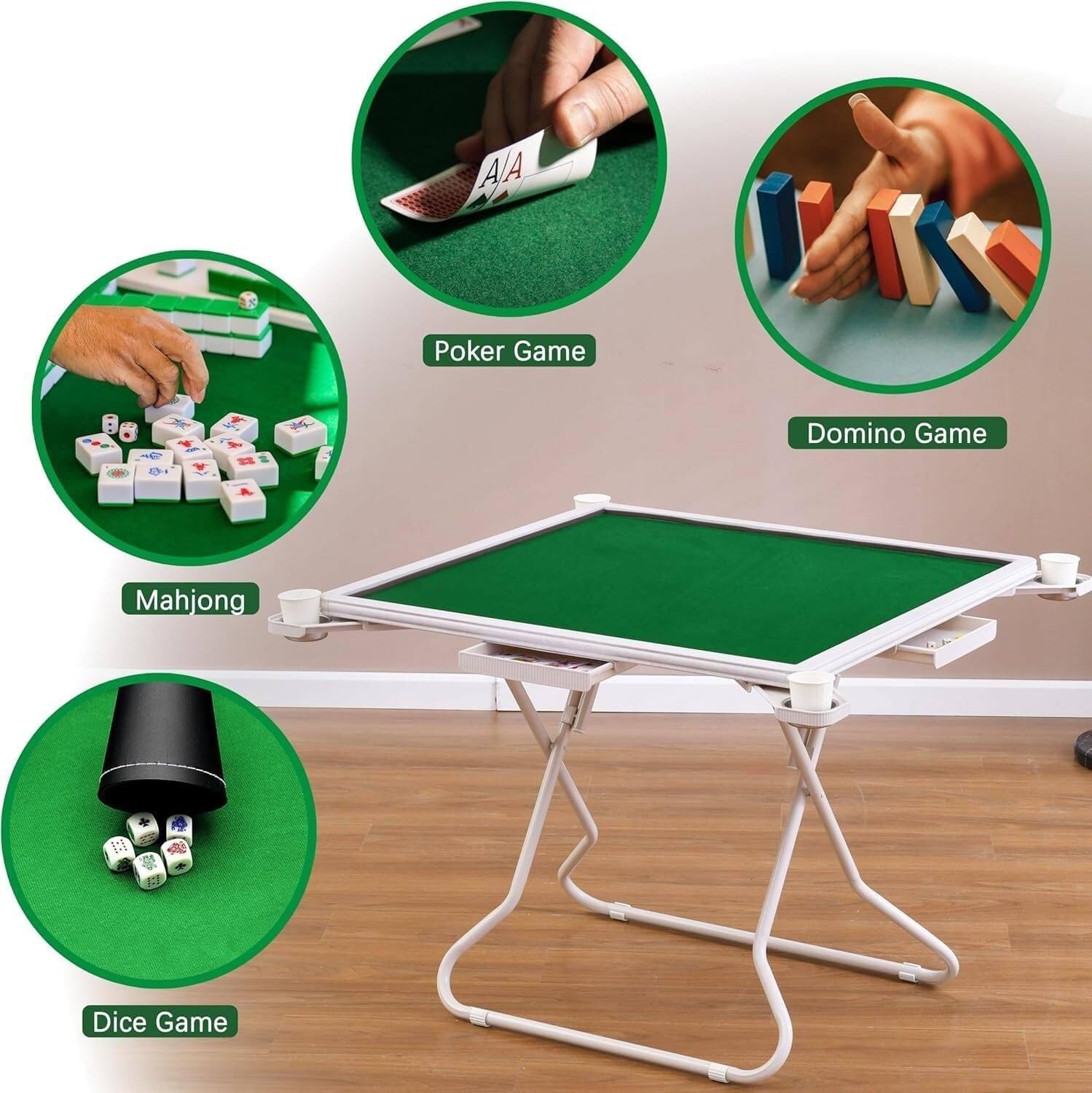 Foldable Mahjong Table, Square Card Table with Cup Holders & Small Drawer for Poker, Mahjong, Board Games - Rose Gold(White)