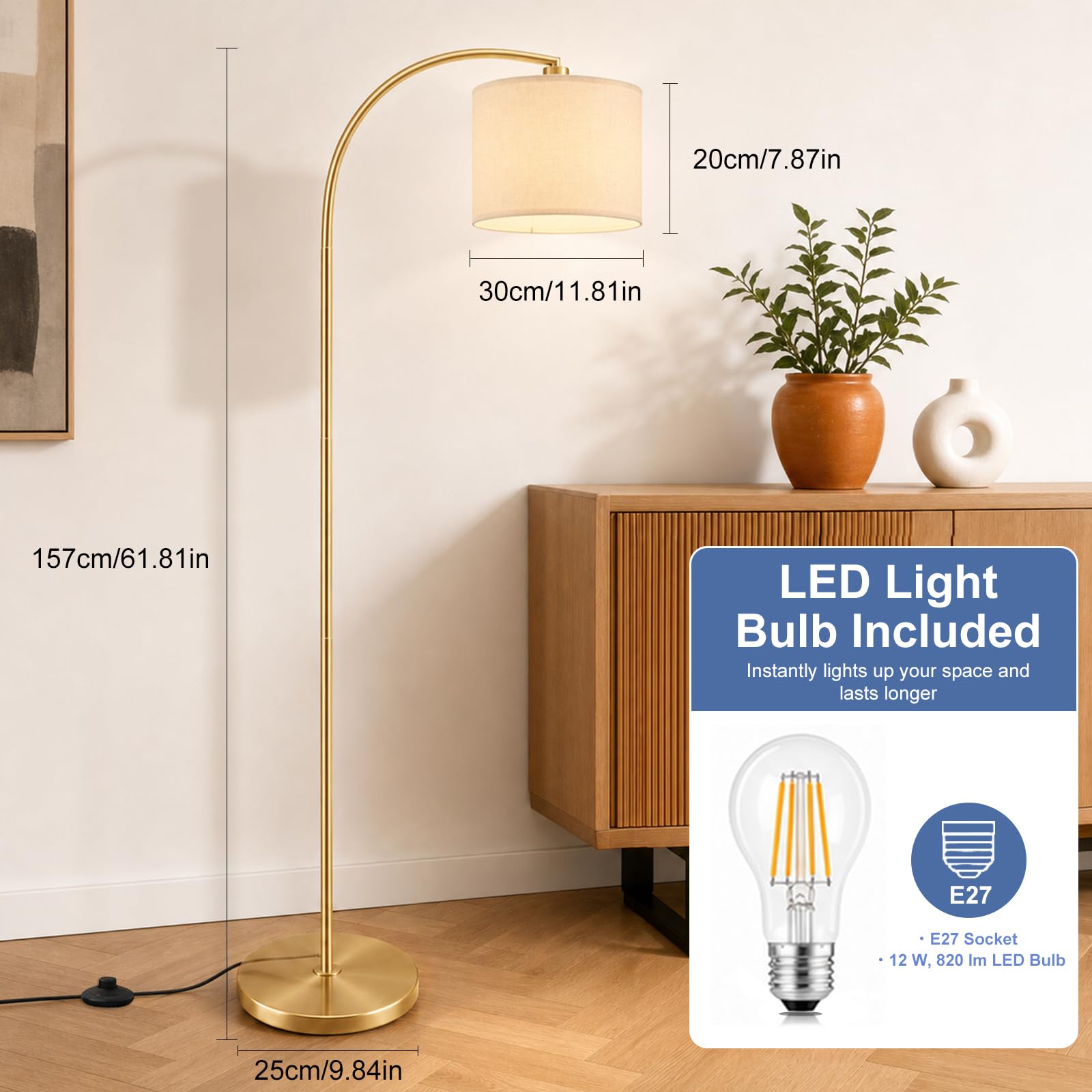 Lampada Da Terra Ad Arco 157 cm, Testa Orientabile, E27, Oro | Paralume in lino, lampadina LED 12W a 3 tonalità inclusa, interruttore a pedale, base stabile in metallo