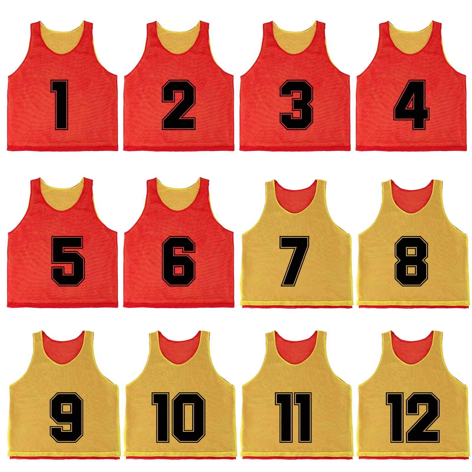 TopTie Zestawy 12 (#1-12, 13-24) numerowany bezrękawnik odwracalne pinnie kamizelki treningowe piłka nożna sportowe śliniaki koszulka piłkarska dla dorosłych młodzieży - czerwony/żółty #1 do 12-S