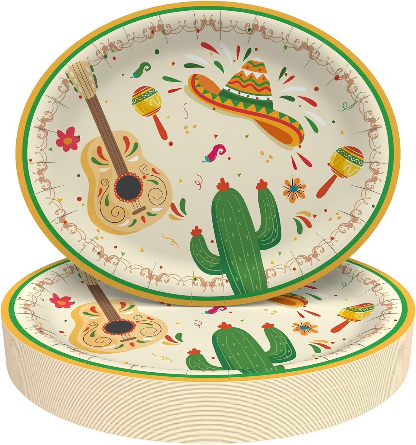 Tbsone 50-Count Fiesta Disposable Paper Plates: Large Oval Heavy-Duty Dinnerware Set for Cinco de Mayo Mexican Party Supplies Dinner Table Decorations, 10.2 × 12.6 Inch (Fiesta)
