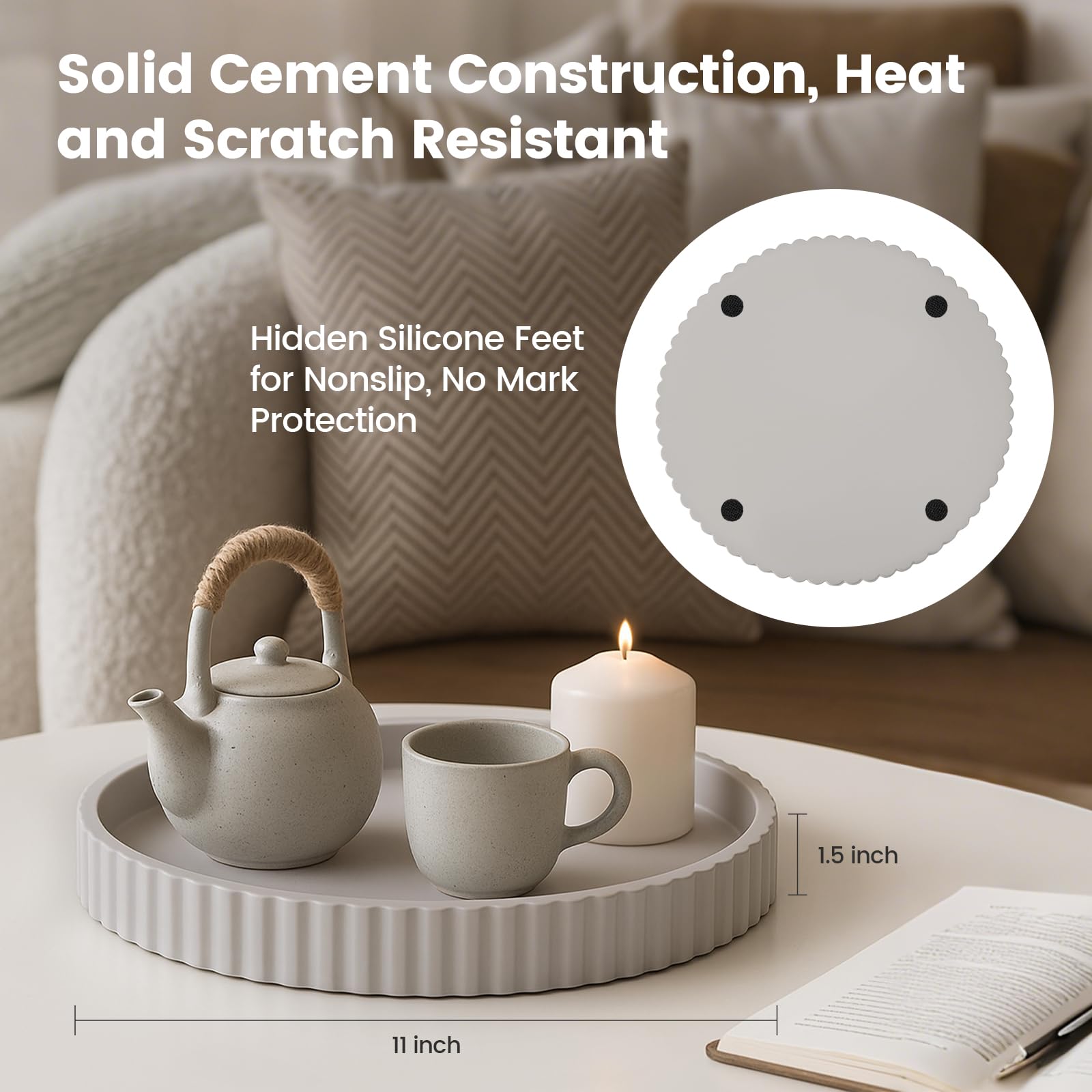 Decor Tray for Coffee Table Decor, Round Serving Circle Concrete Large Stone Trays for Minimalist Home Modern Dining Centerpiece Bathroom Kitchen Island Counter Contemporary