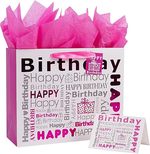 JWSCYSY Bolsa de regalo grande de color blanco y rojo rosa con papel de seda, bolsa de regalo de feliz cumpleaños para niñas y mujeres, 12.6 x 10.25
