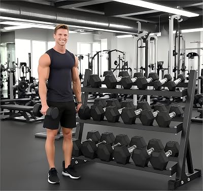 Rubber Hex Dumbbell Set 5–50 lb with Rack