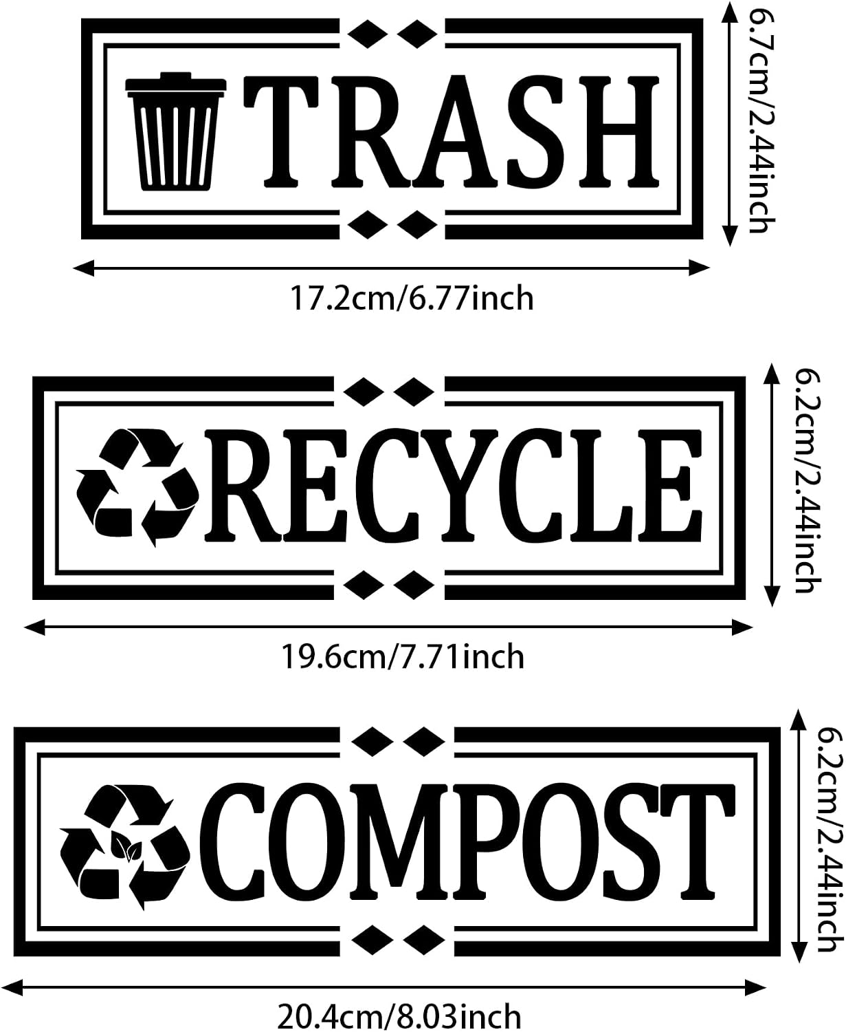3-Pc 8'' Trash Recycle Compost Vinyl Decals Waterproof Garbage Classification Labels for Kitchen Bins, Home Containers Organization Stickers for Indoor Outdoor Trash Cans (Hollow Black)