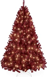 Best Choice Products 6ft Pre-Lit Burgundy Christmas Tree, Full Artificial Holiday Decoration w/ 947 Branch Tips, 250 Lights, Foldable Base