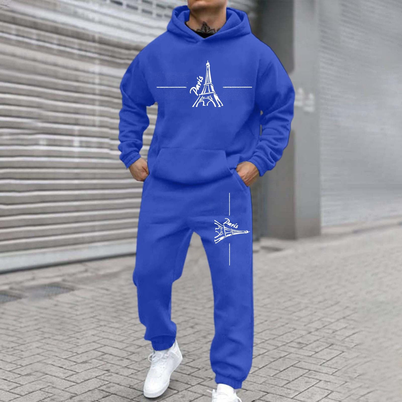 Dres do joggingu, męski dres treningowy z nadrukiem Paryża, bluza z kapturem i spodnie do biegania, dwuczęściowy strój sportowy, strój rekreacyjny, zestaw do spędzania wolnego czasu, elegancki strój