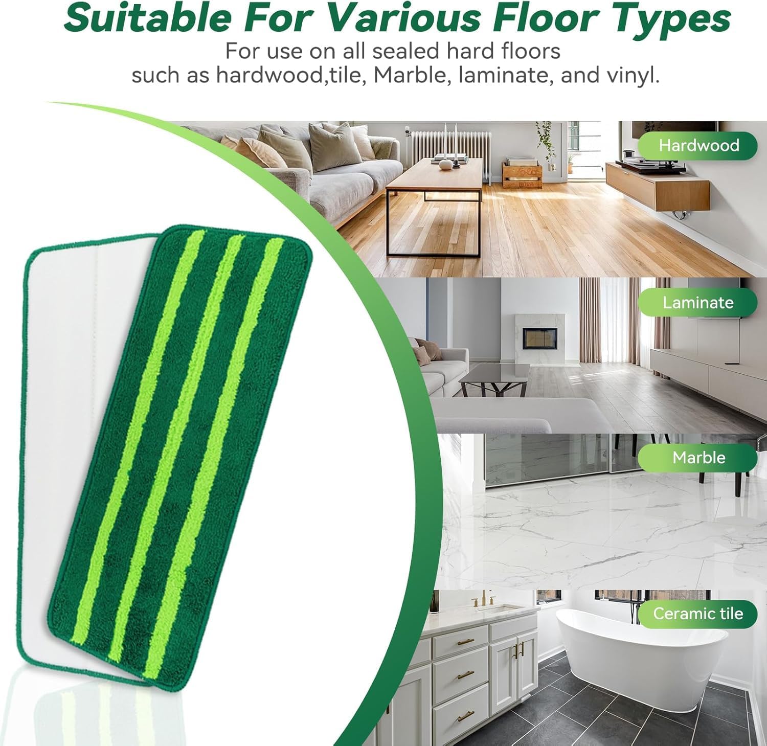 Mop Head Replacement for Libman Freedom Spray Mop - Washable Reusable Wet & Dry Cleaning - Microfiber Spray Mop Pads Refill for Multi-Surface Floor -12 Pack (Green）
