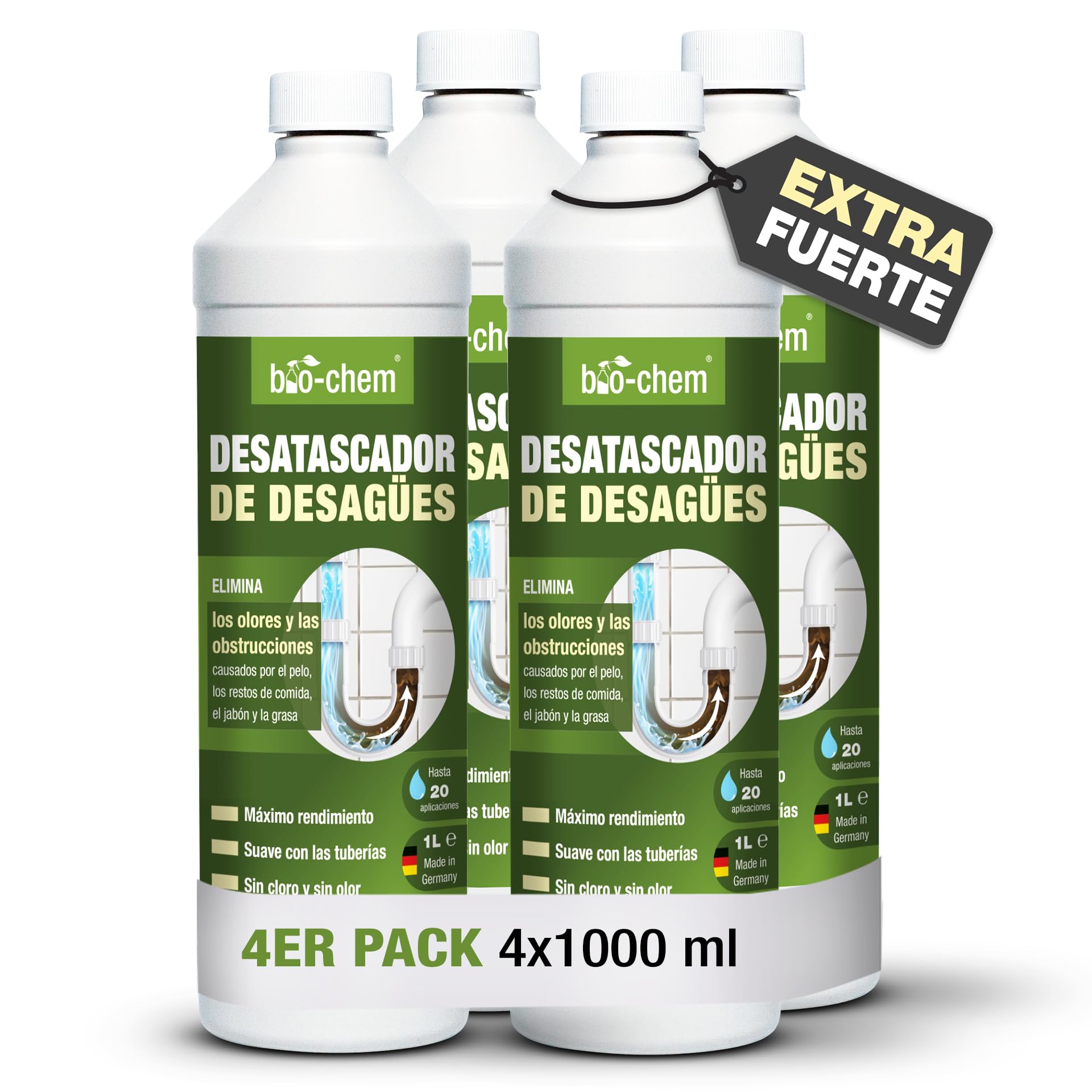 bio-chem Desatascador tuberias profesional líquido 4L | Desatascador para eliminar pelos y residuos, eficaz incluso con agua estancada, fórmula concentrada para hasta 20 usos