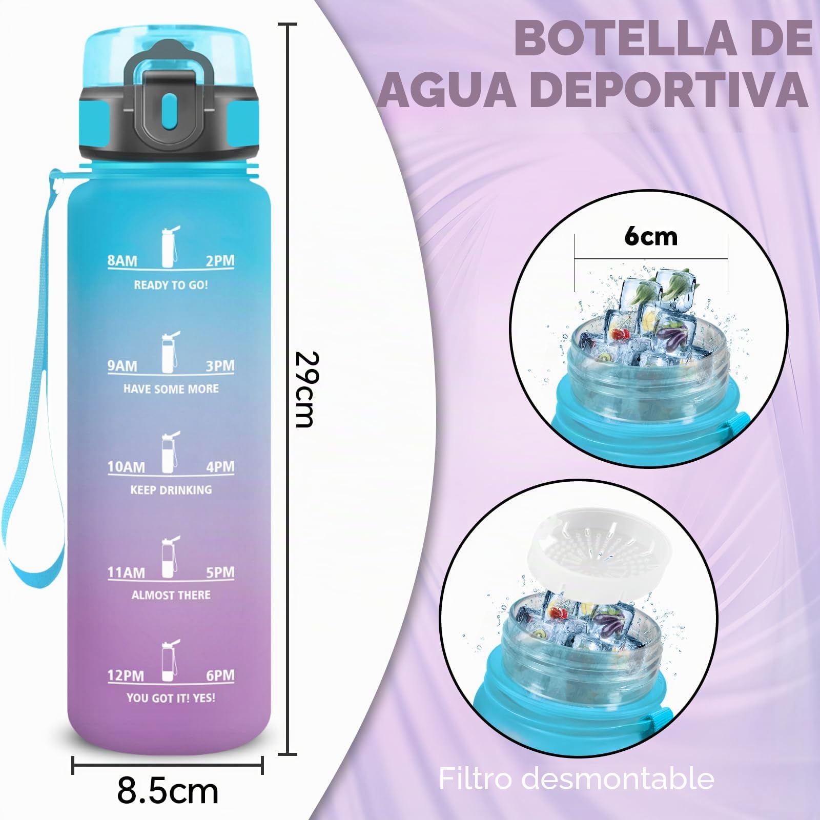 Botella Agua, Botella Agua 1 Litro con Filtro, Cantimplora Infantil Reutilizable con Marca de Tiempo, Cantimplora con Eslogan Motivacional, Fácil de Limpiar, para la Escuela, Deportes, Camping, Gym