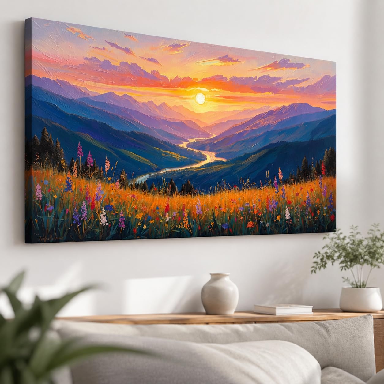 KUNJCART Golden Sunrise Mountain Landscape Canvas – Big Size Sunrise Painting for Wall Vastu, Nature Landscape Wall Art for Living Room & Bedroom, Rising Sun Mountain Scenery Home Decor and Wall Decoration (36 x 24 Inch, Rolled, Without Frame)-image-20